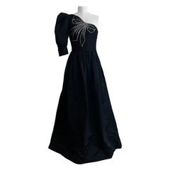 Alfred Bosand 1980s Black One Shoulder Asymmetric Gown with Rhinestone Bow