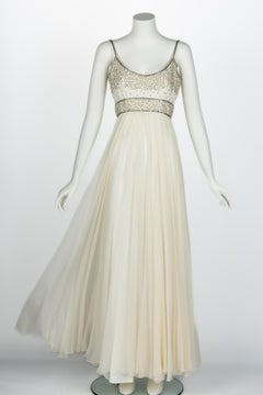 Alfred Bosand Ivory beaded Bodice Silk chiffon Gown, 1970s