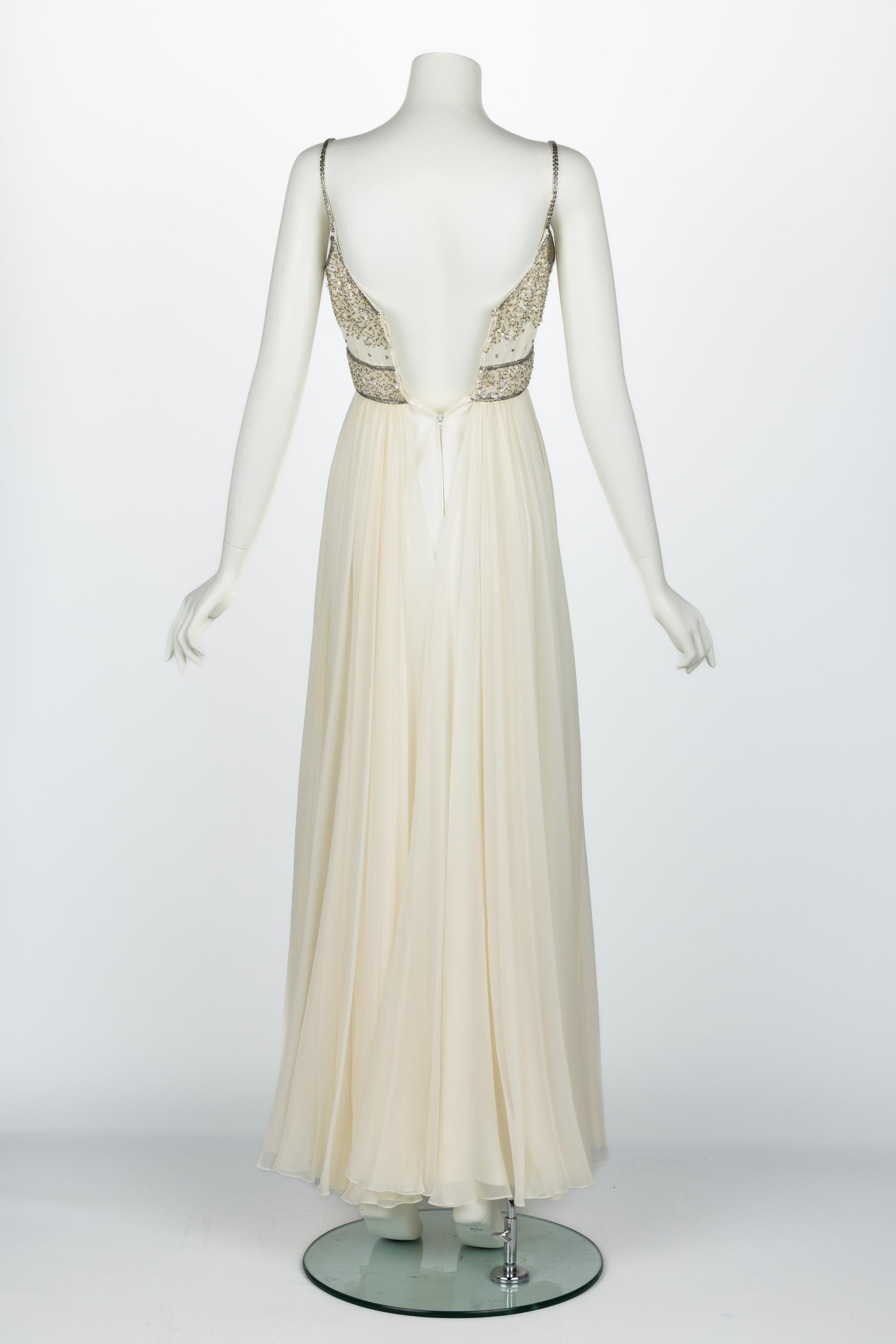 Beige Alfred Bosand Ivory beaded Bodice Silk chiffon Gown, 1970s For Sale