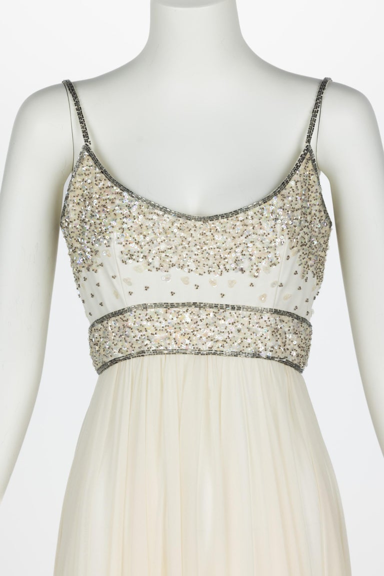 1970s Unlabeled Alfred Bosand Sequin Bodice Dotted Silk Net Dress W Matching Cape Overlay