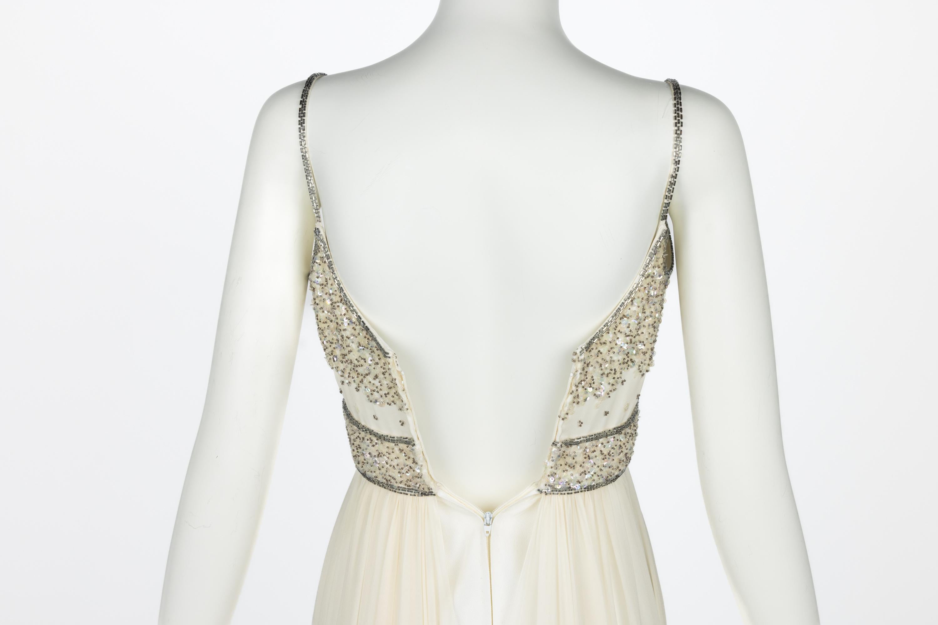 Alfred Bosand Ivory beaded Bodice Silk chiffon Gown, 1970s For Sale 1