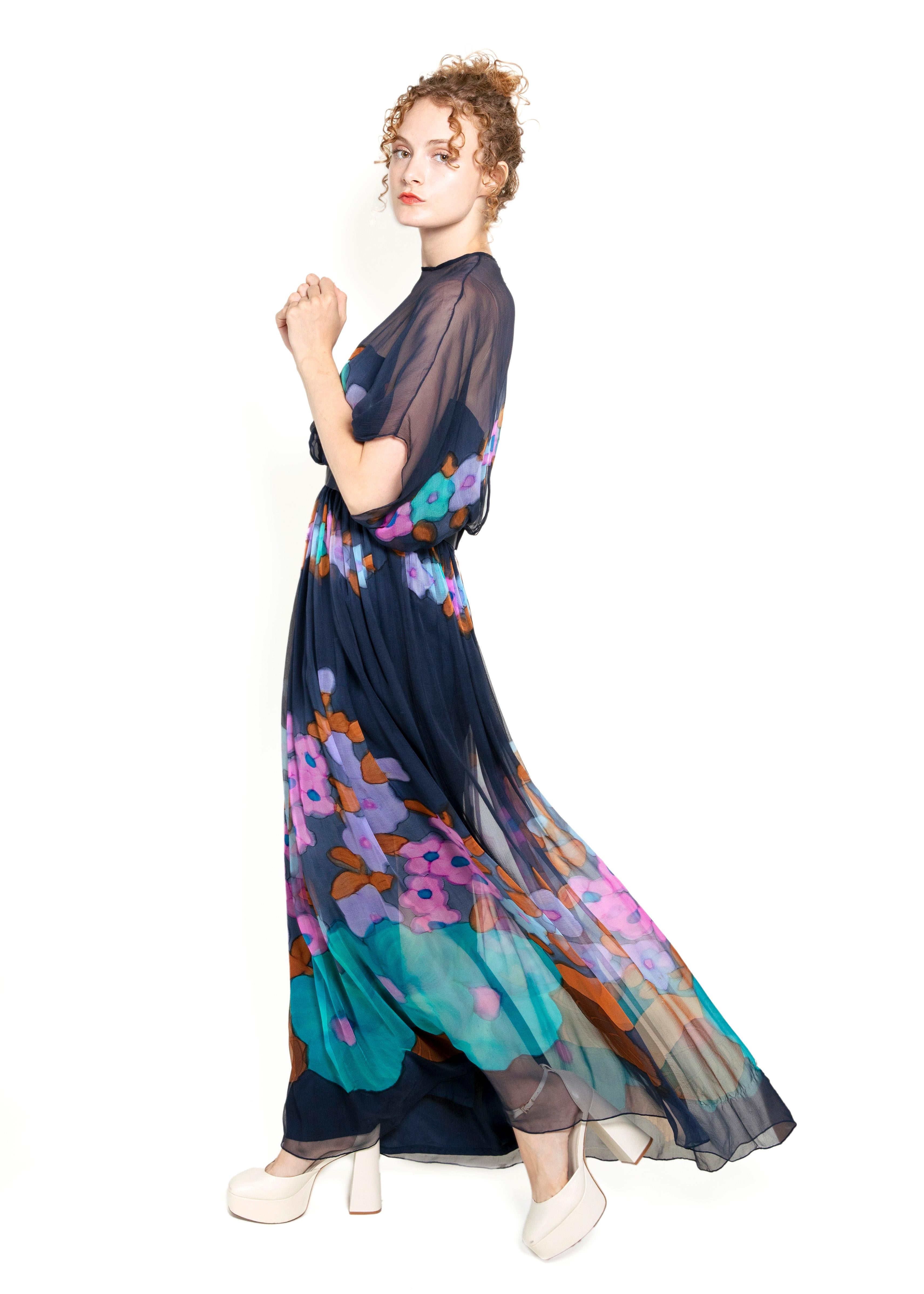 Gray Alfred Bosand Silk Floral Print Maxi Dress For Sale