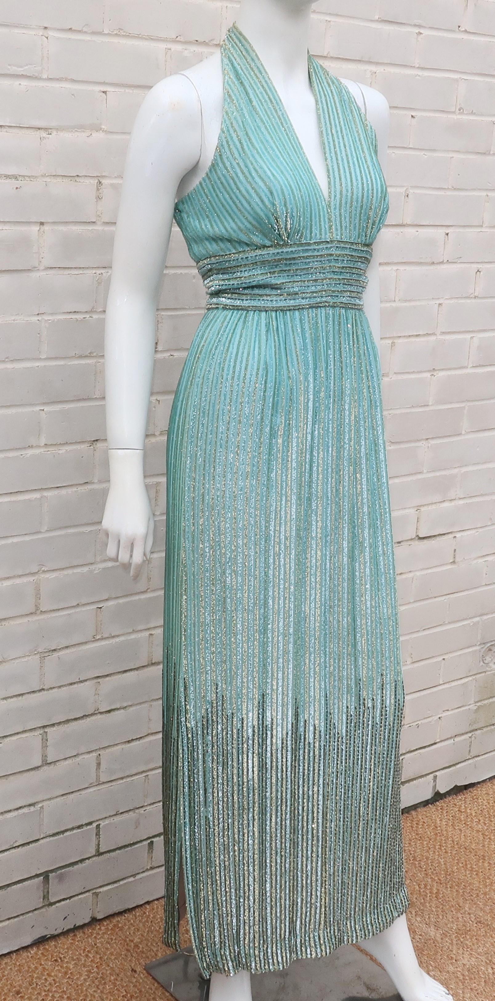 Alfred Bosand Two Piece Beaded Mint Green Halter Dress & Jacket, 1970's For Sale 4