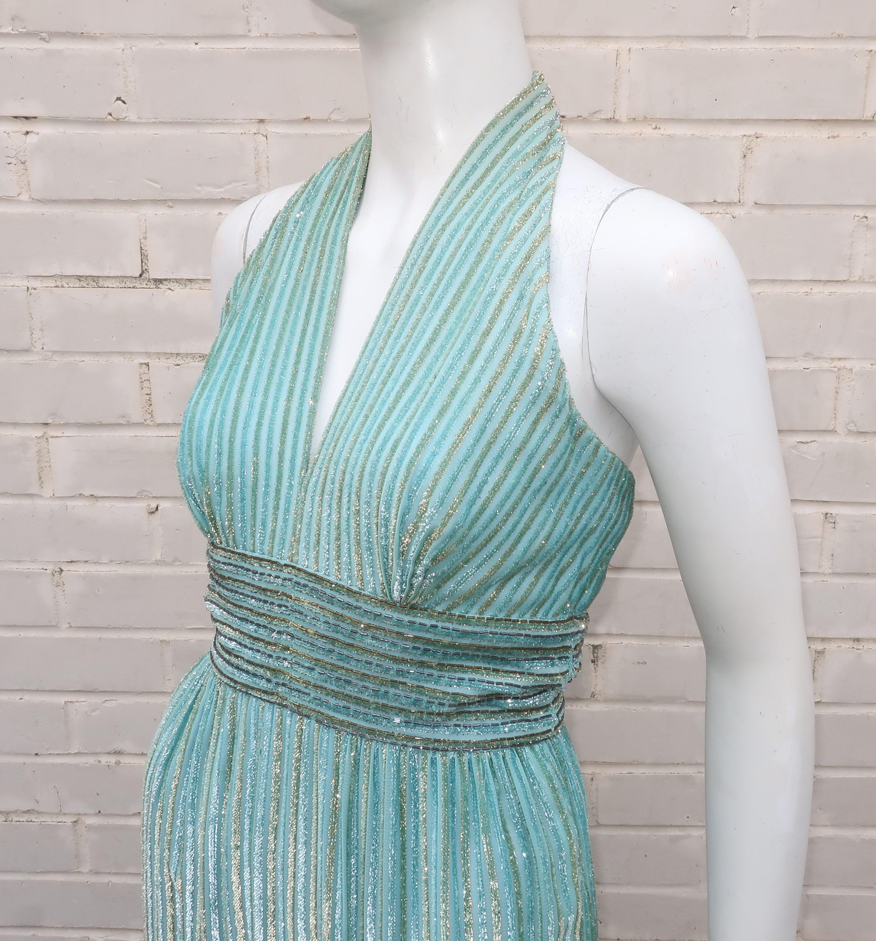 Alfred Bosand Two Piece Beaded Mint Green Halter Dress & Jacket, 1970's For Sale 6