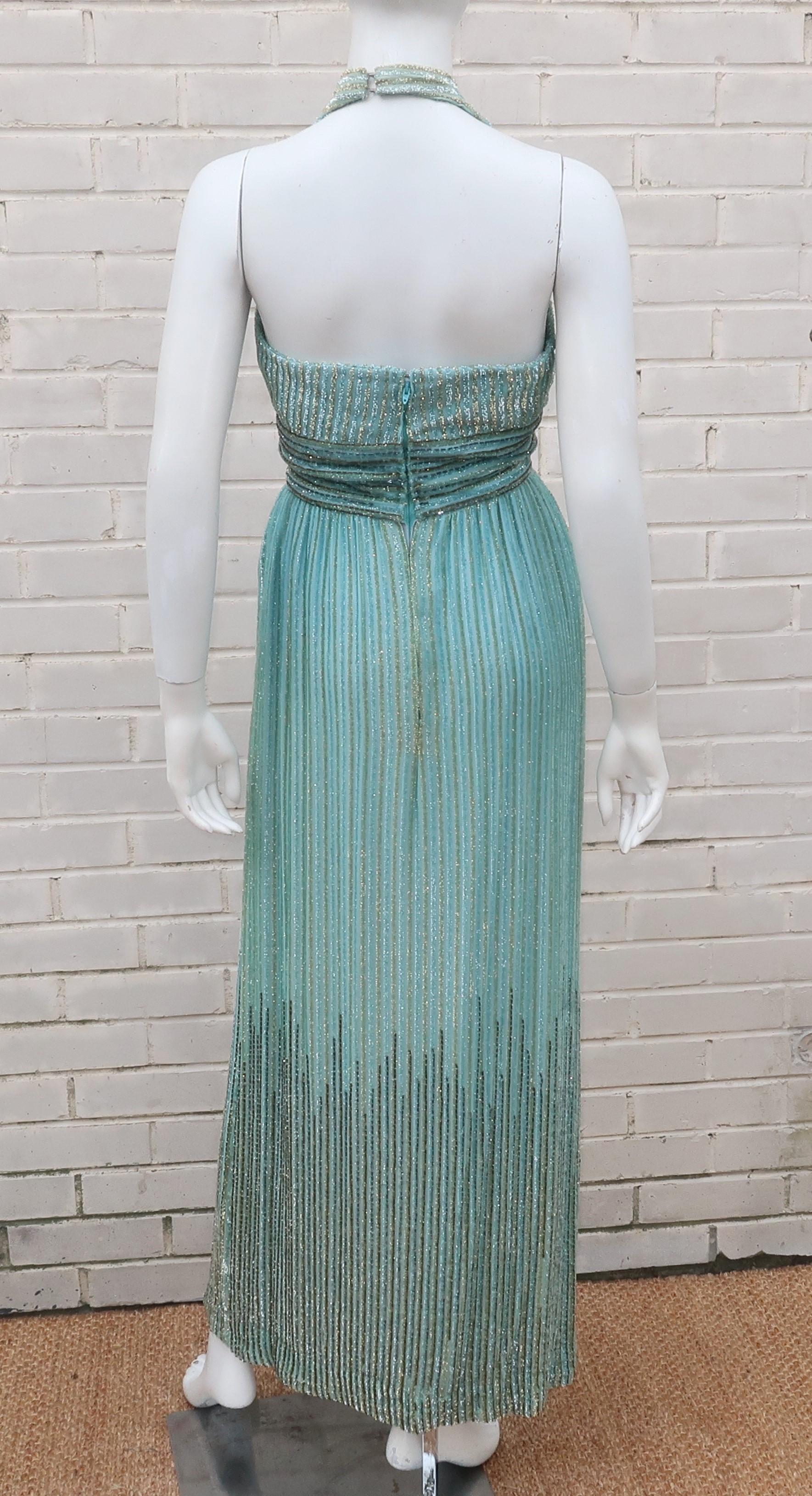 Alfred Bosand Two Piece Beaded Mint Green Halter Dress & Jacket, 1970's For Sale 8