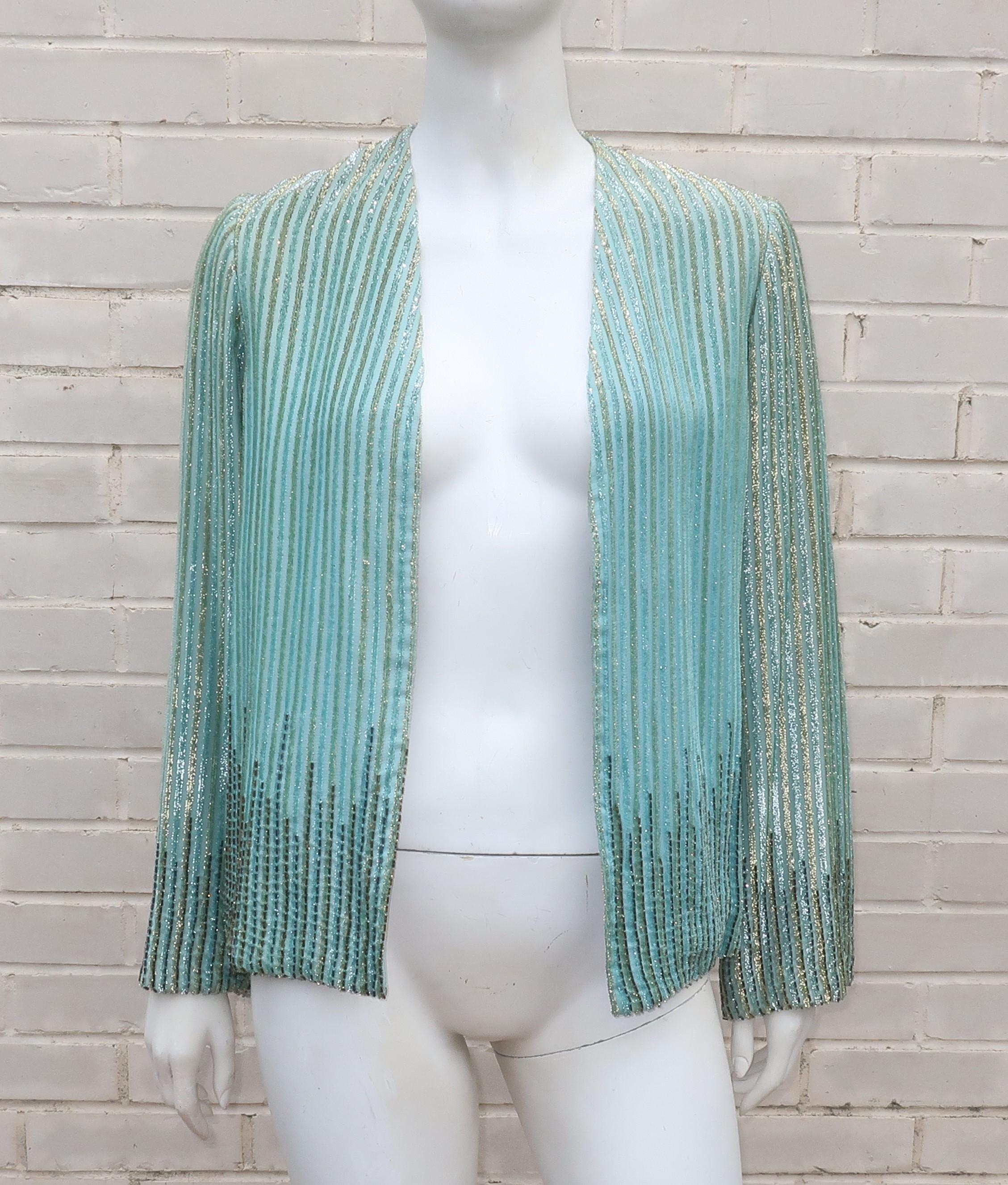 Alfred Bosand Two Piece Beaded Mint Green Halter Dress & Jacket, 1970's For Sale 9