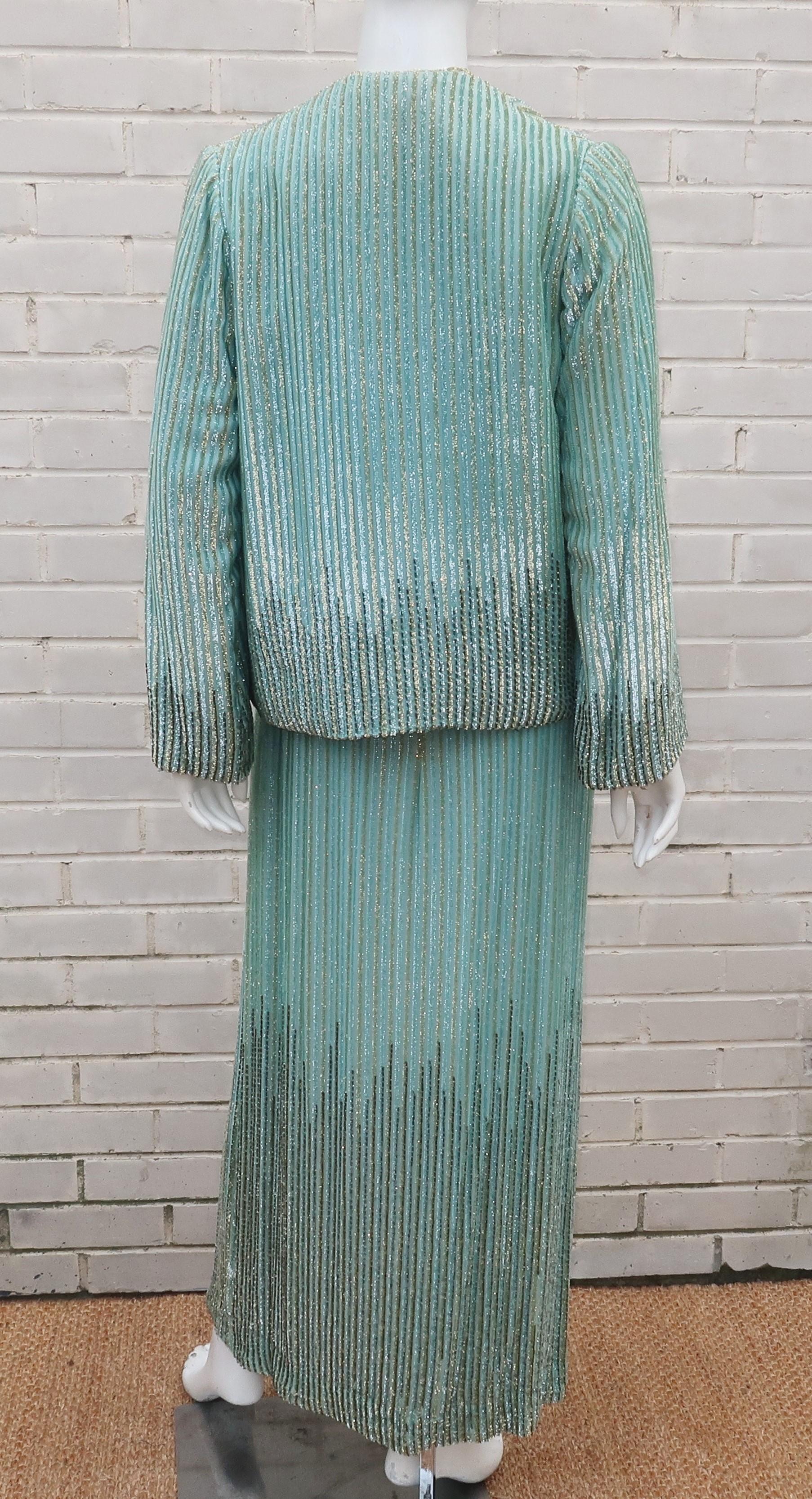 Alfred Bosand Two Piece Beaded Mint Green Halter Dress & Jacket, 1970's In Fair Condition For Sale In Atlanta, GA