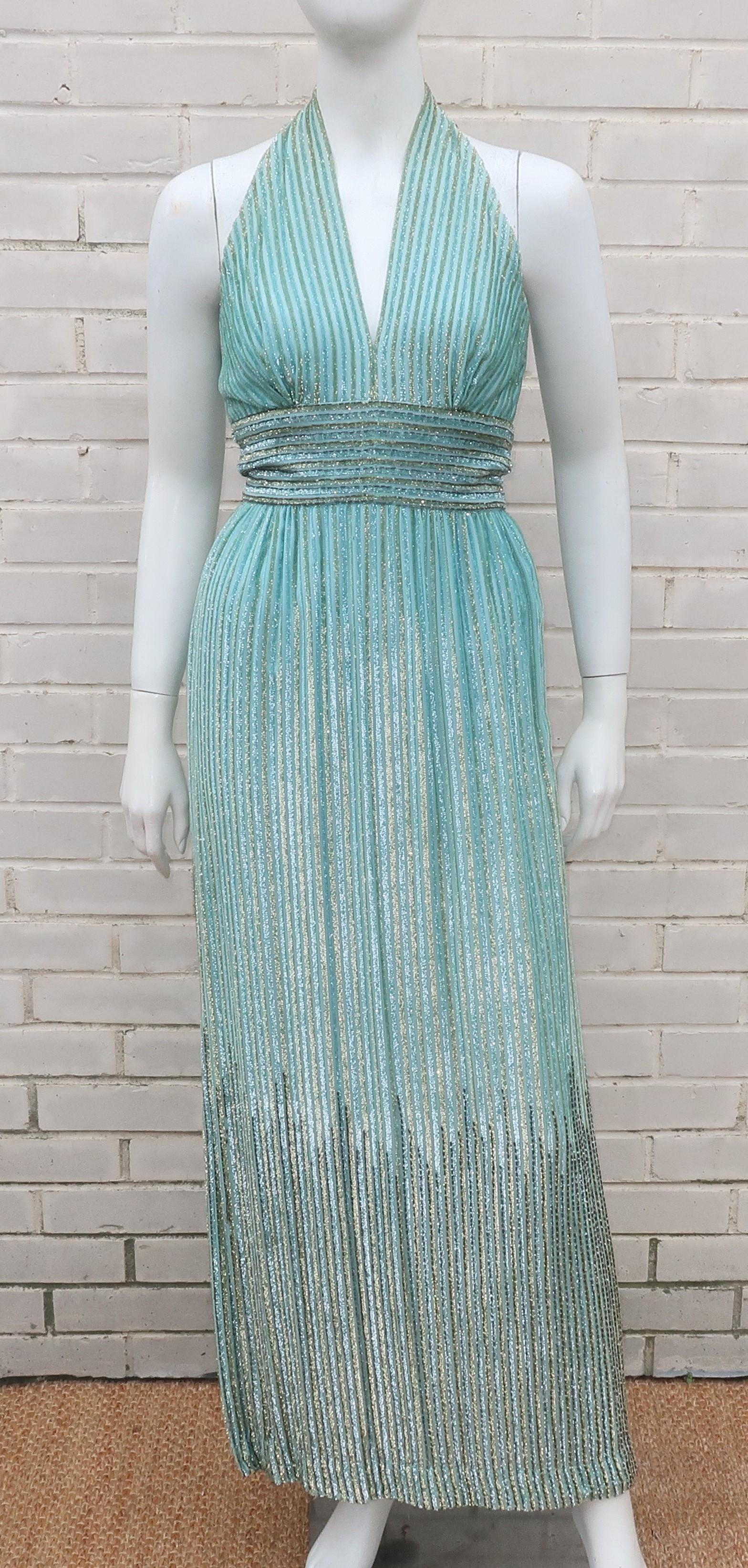 Women's Alfred Bosand Two Piece Beaded Mint Green Halter Dress & Jacket, 1970's For Sale