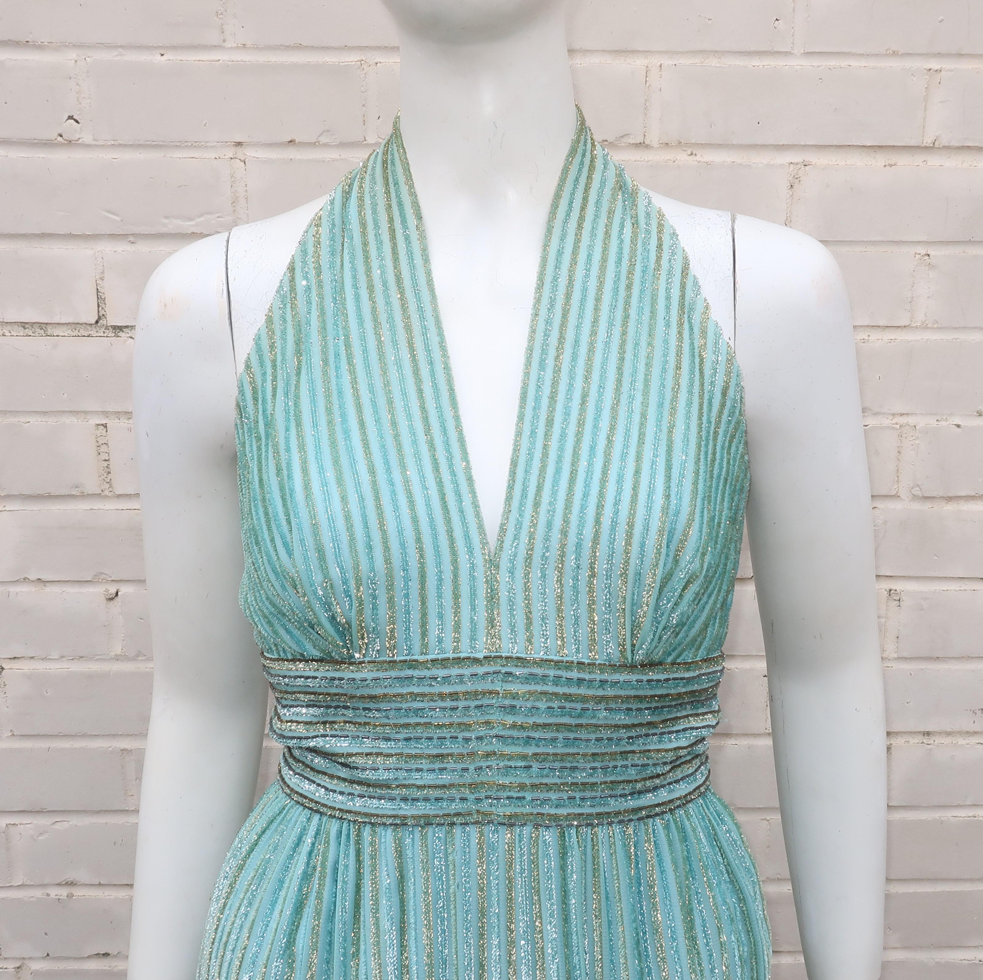 Alfred Bosand Two Piece Beaded Mint Green Halter Dress & Jacket, 1970's For Sale 1