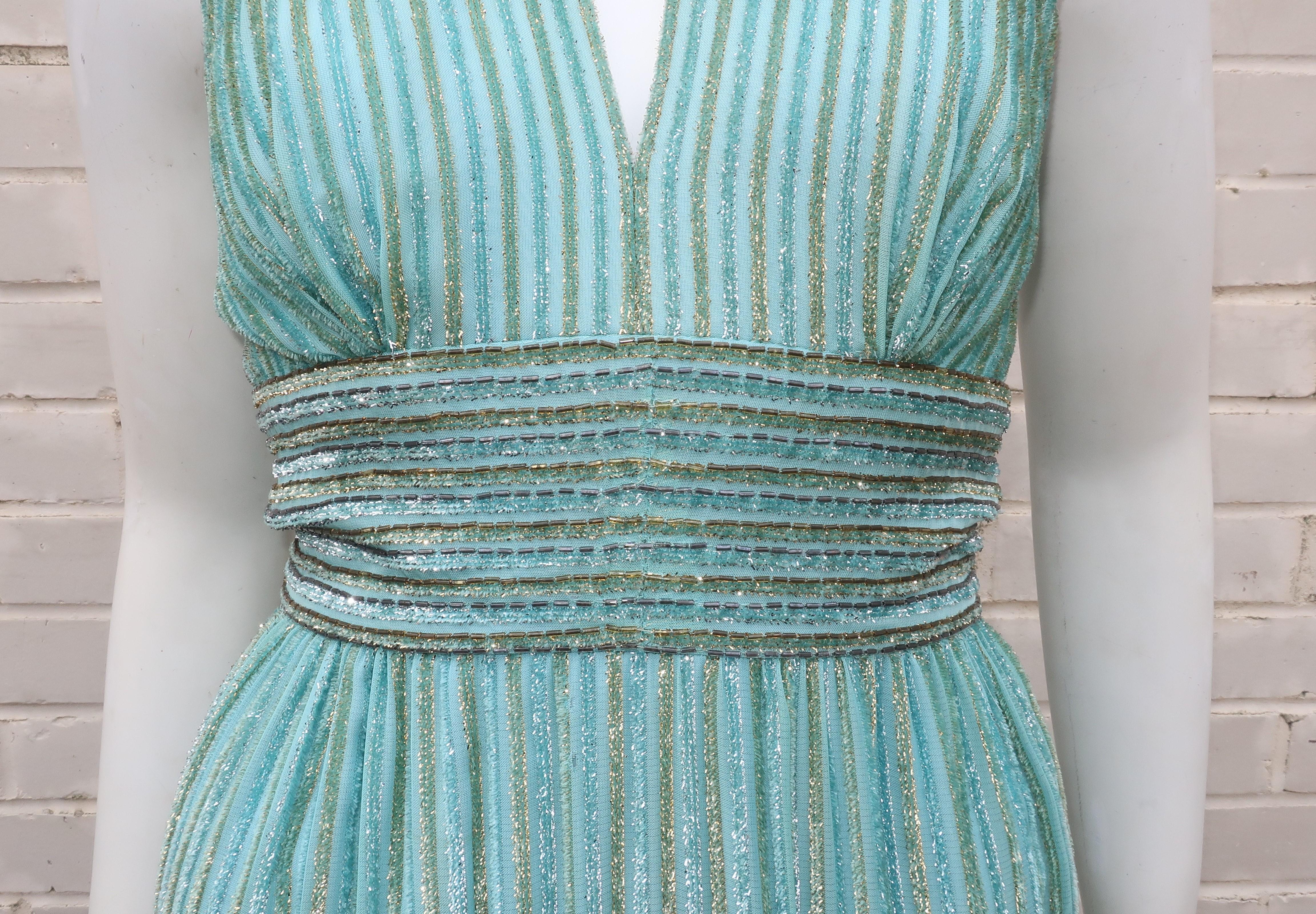 Alfred Bosand Two Piece Beaded Mint Green Halter Dress & Jacket, 1970's For Sale 2