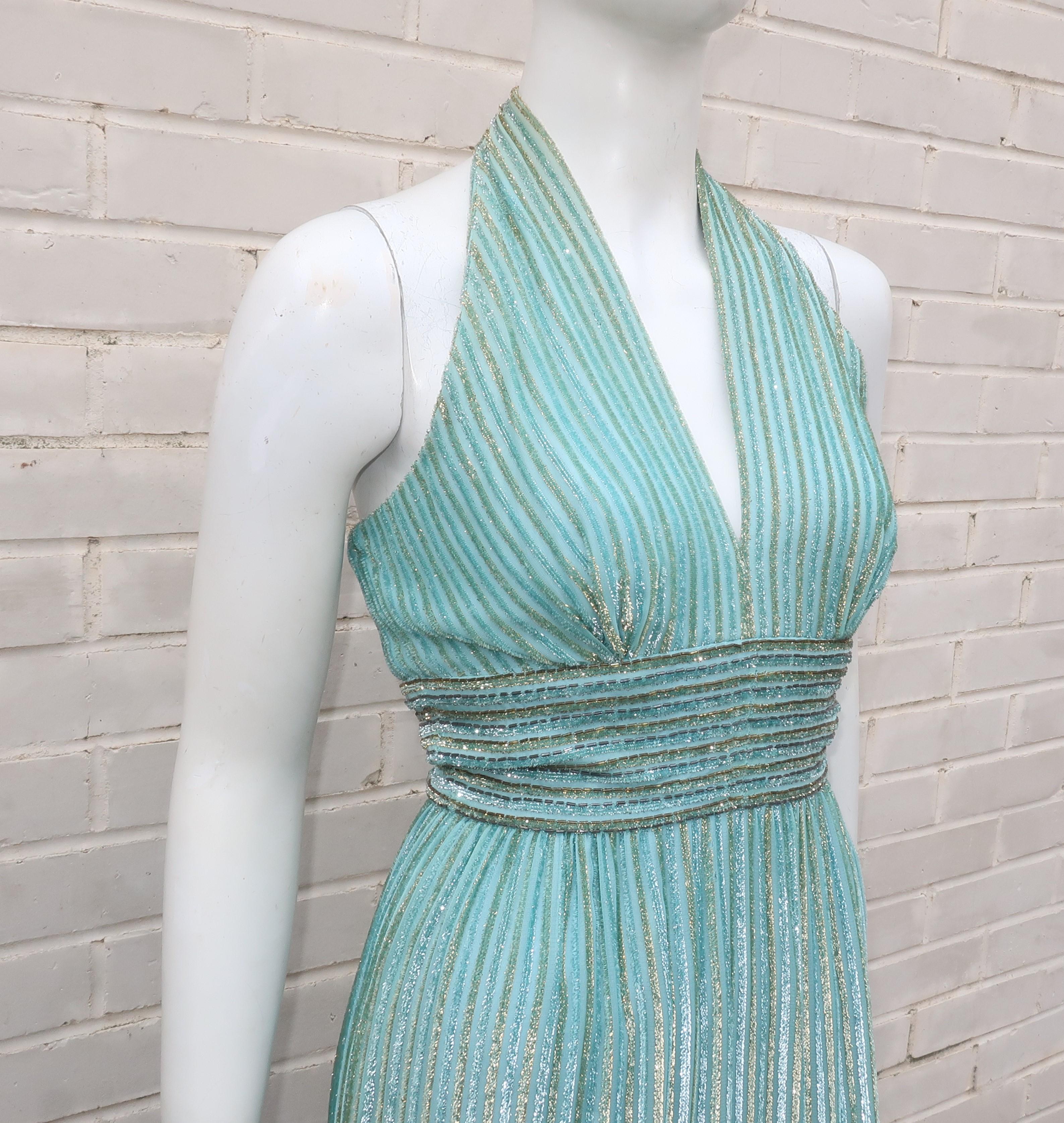 Alfred Bosand Two Piece Beaded Mint Green Halter Dress & Jacket, 1970's For Sale 3