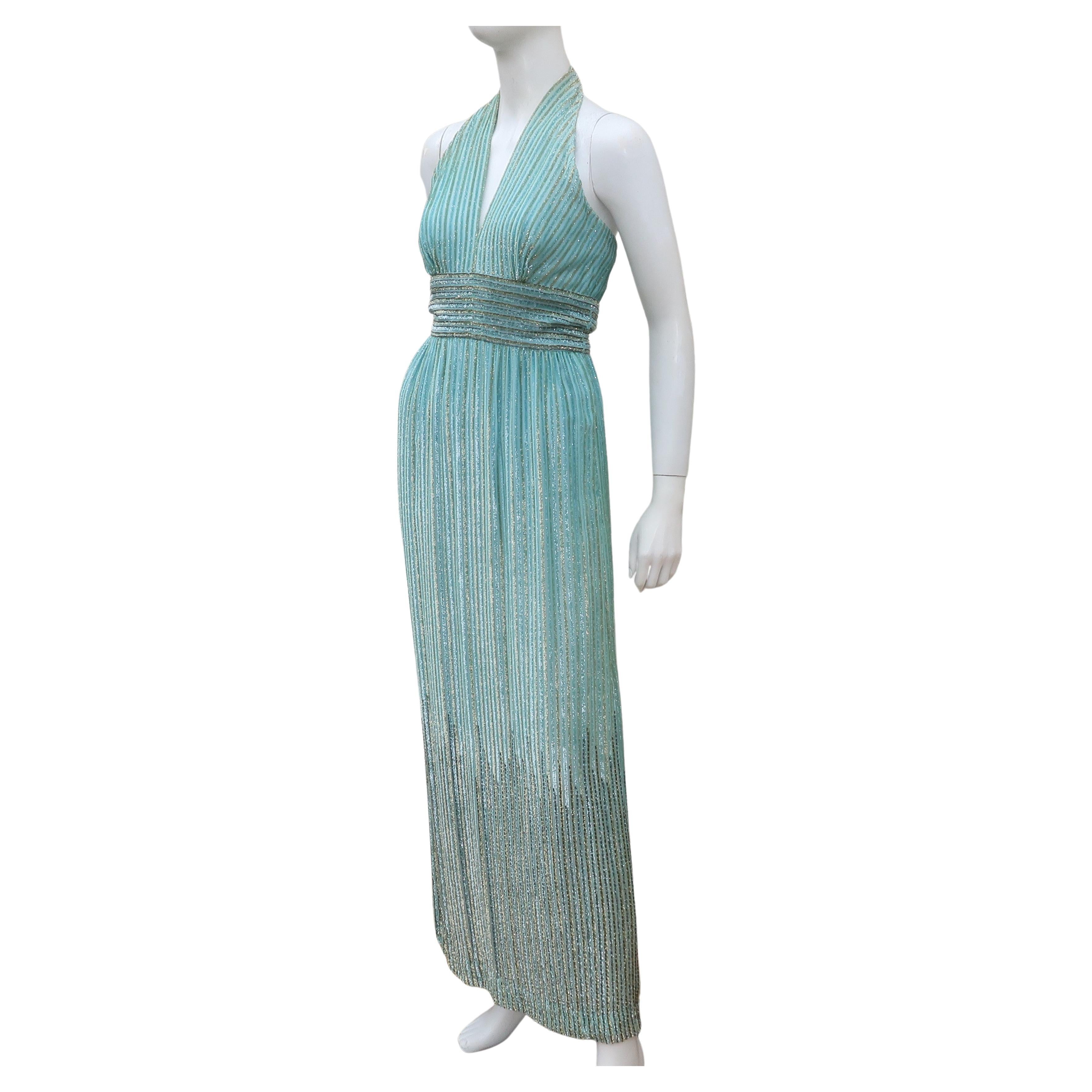 Alfred Bosand Two Piece Beaded Mint Green Halter Dress & Jacket, 1970's