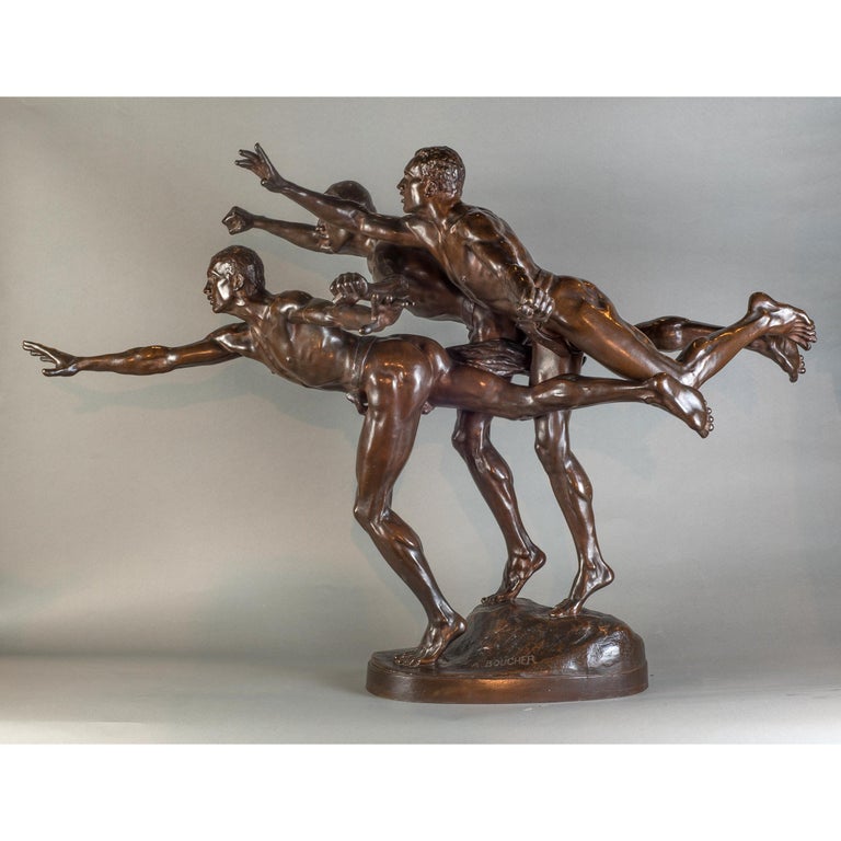 Large Patinated Bronze Group Sculpture Entitled 'Au But' - Gold Figurative Sculpture by F. Barbedienne Foundry