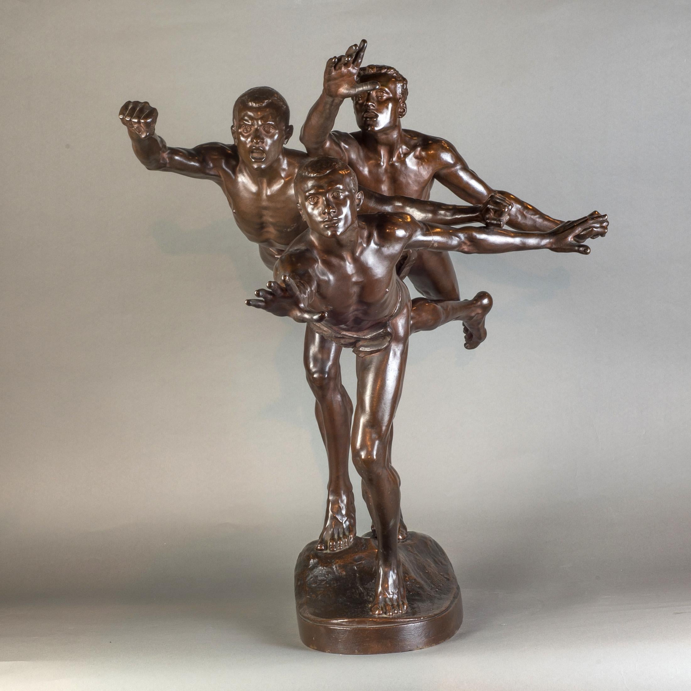 Large Patinated Bronze Group Sculpture Entitled 'Au But' - Gold Figurative Sculpture by F. Barbedienne Foundry