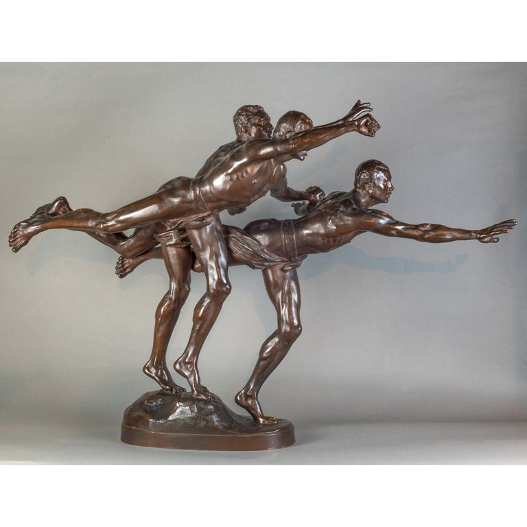 Large Patinated Bronze Group Sculpture Entitled 'Au But' For Sale 1