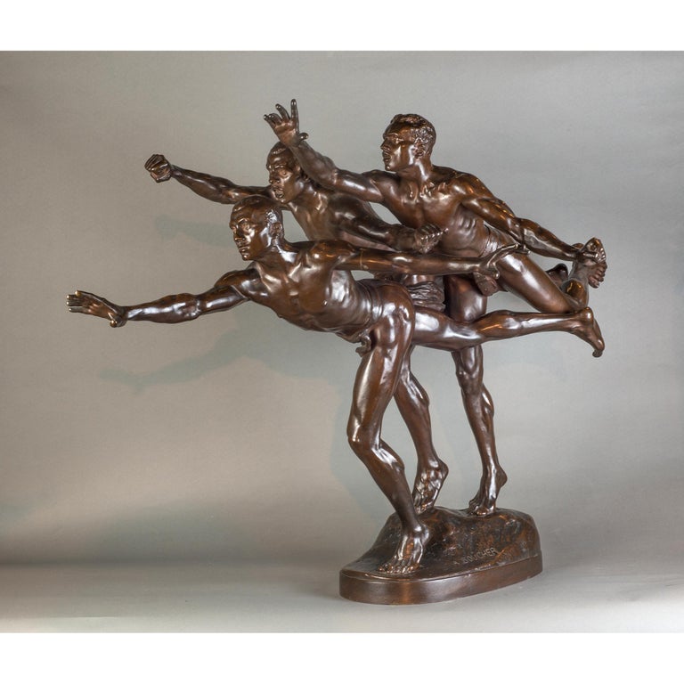 F. Barbedienne Foundry Figurative Sculpture - Large Patinated Bronze Group Sculpture Entitled 'Au But'