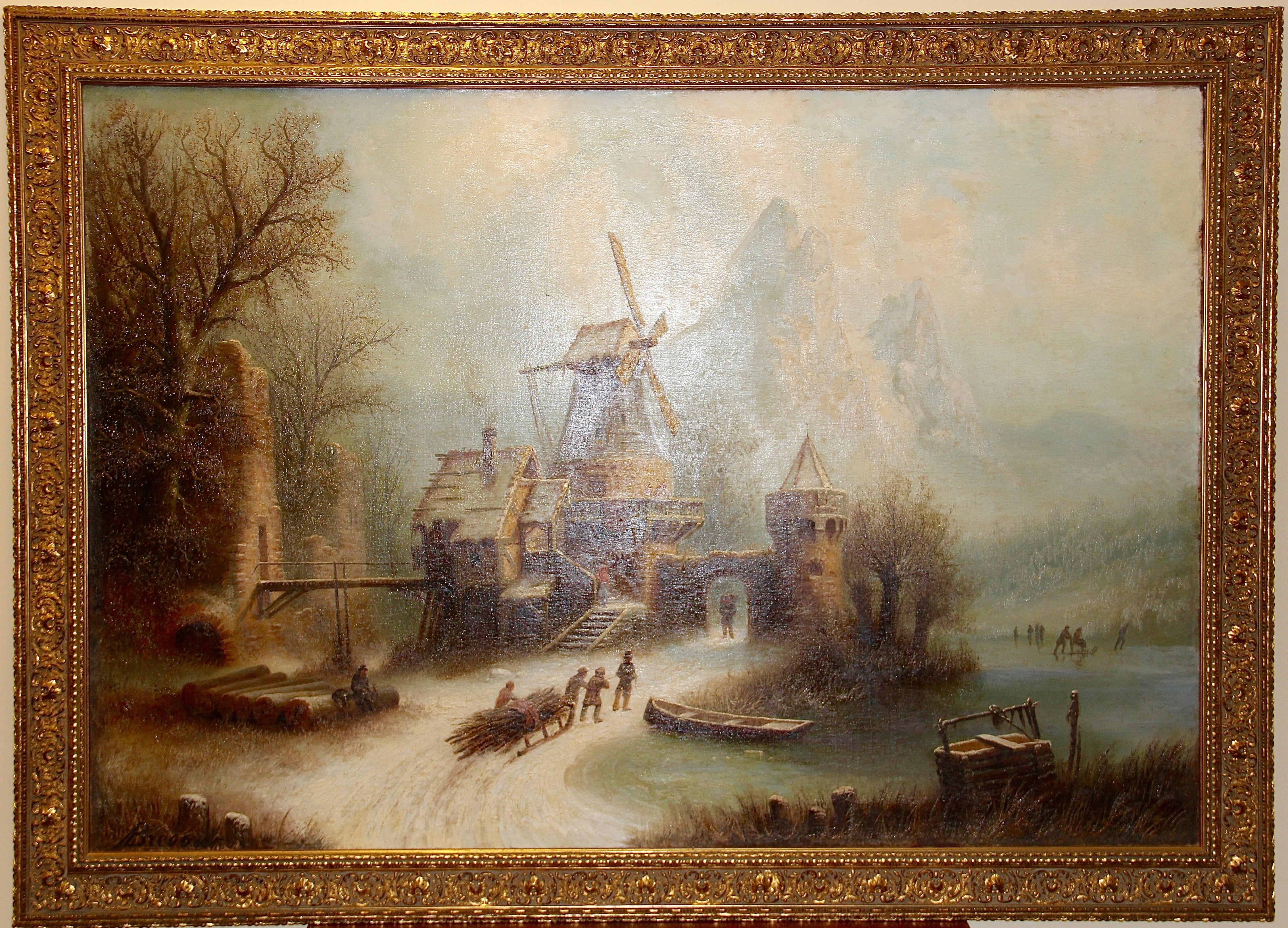 Romantic Winter Landscape with Ice Skaters. Oil on canvas. 19. century. - Painting by Alfred Bredow