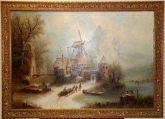 Romantic Winter Landscape with Ice Skaters. Oil on canvas. 19. century.