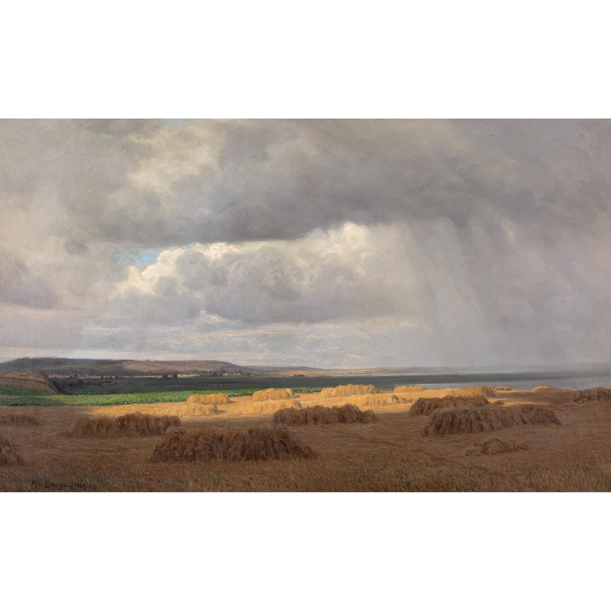 Alfred Broge, Coastal Landscape With Rain, Oil Painting For Sale 1