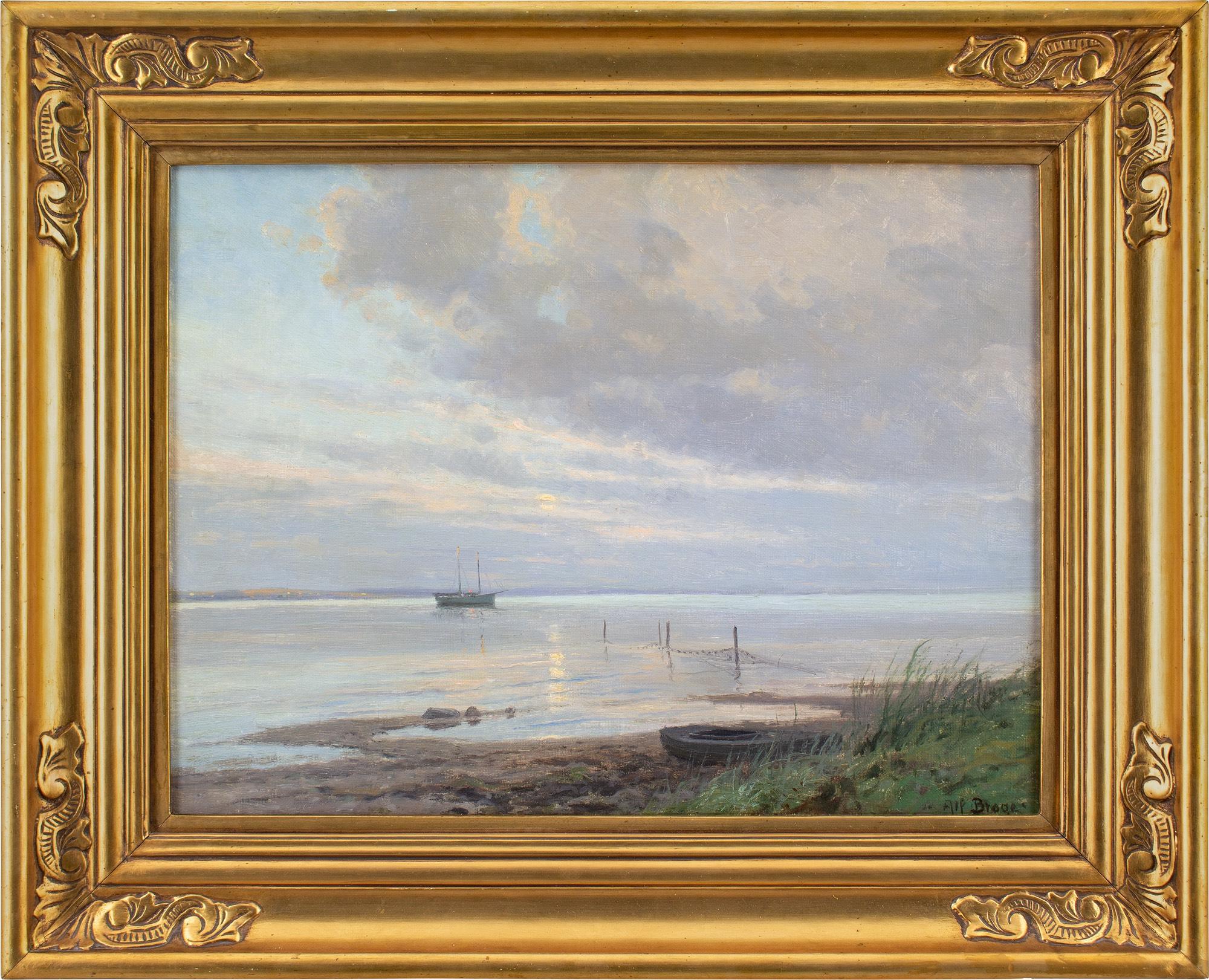This early 20th-century oil painting by Danish artist Alfred Broge (1870-1955) depicts a gently-lit coastal view with boats. It’s a beautiful work with the setting sun, low in the sky, reflected in silvery waters.

Broge is predominantly known for