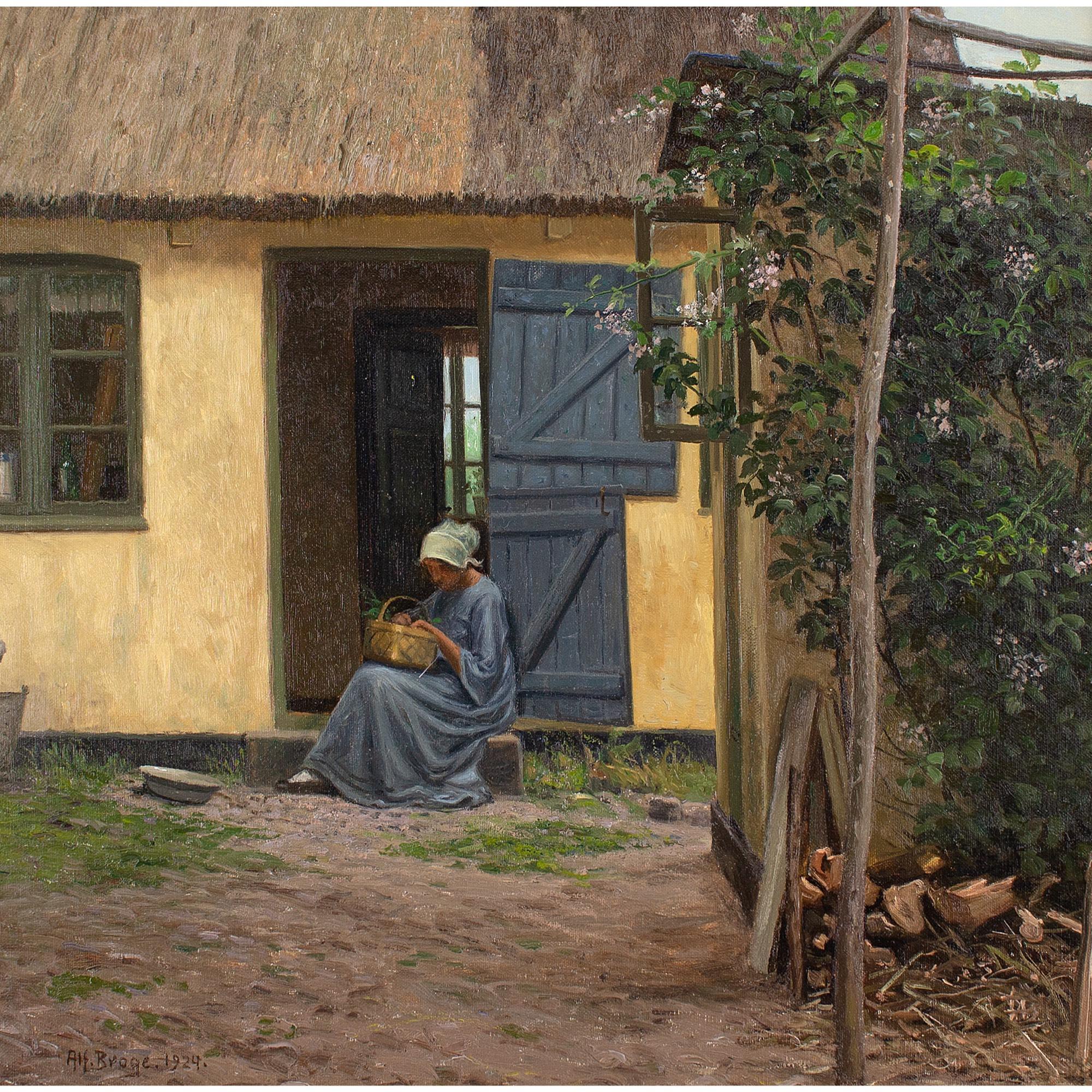 Alfred Broge, Garten mit getäfeltem Bauernhof und sitzender Frau, Ölgemälde im Angebot 1