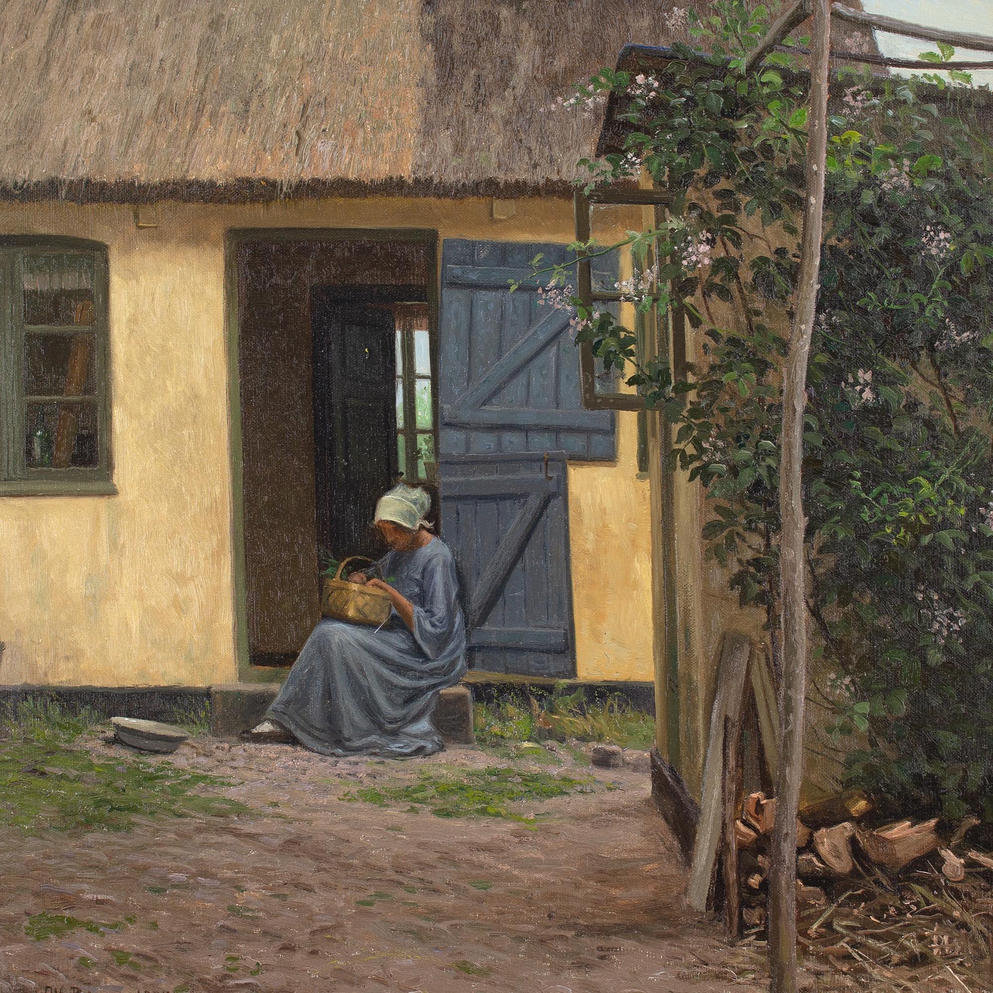 Alfred Broge, Courtyard With Thatched Cottage & Seated Woman, Oil Painting For Sale 4