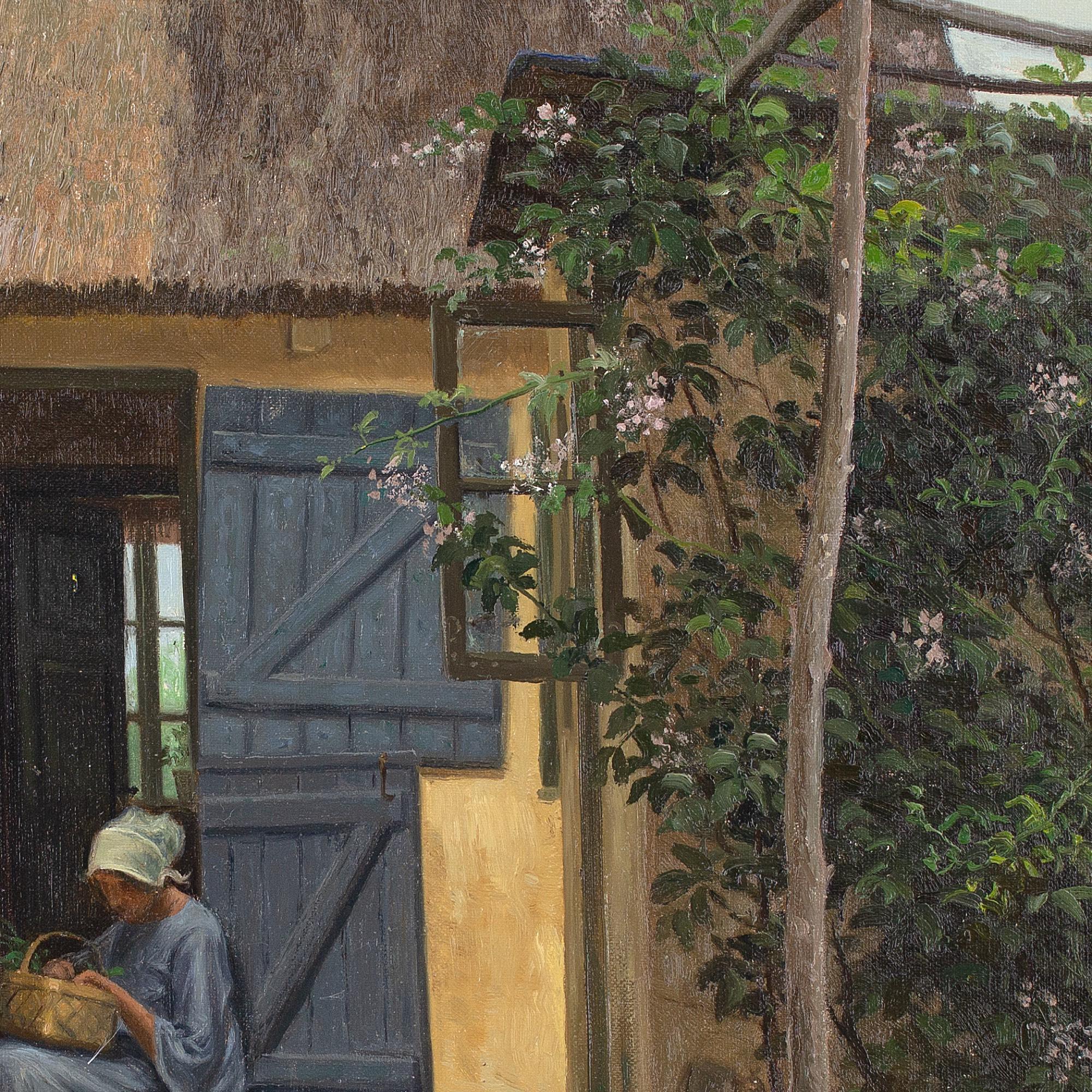 Alfred Broge, Courtyard With Thatched Cottage & Seated Woman, Oil Painting For Sale 5