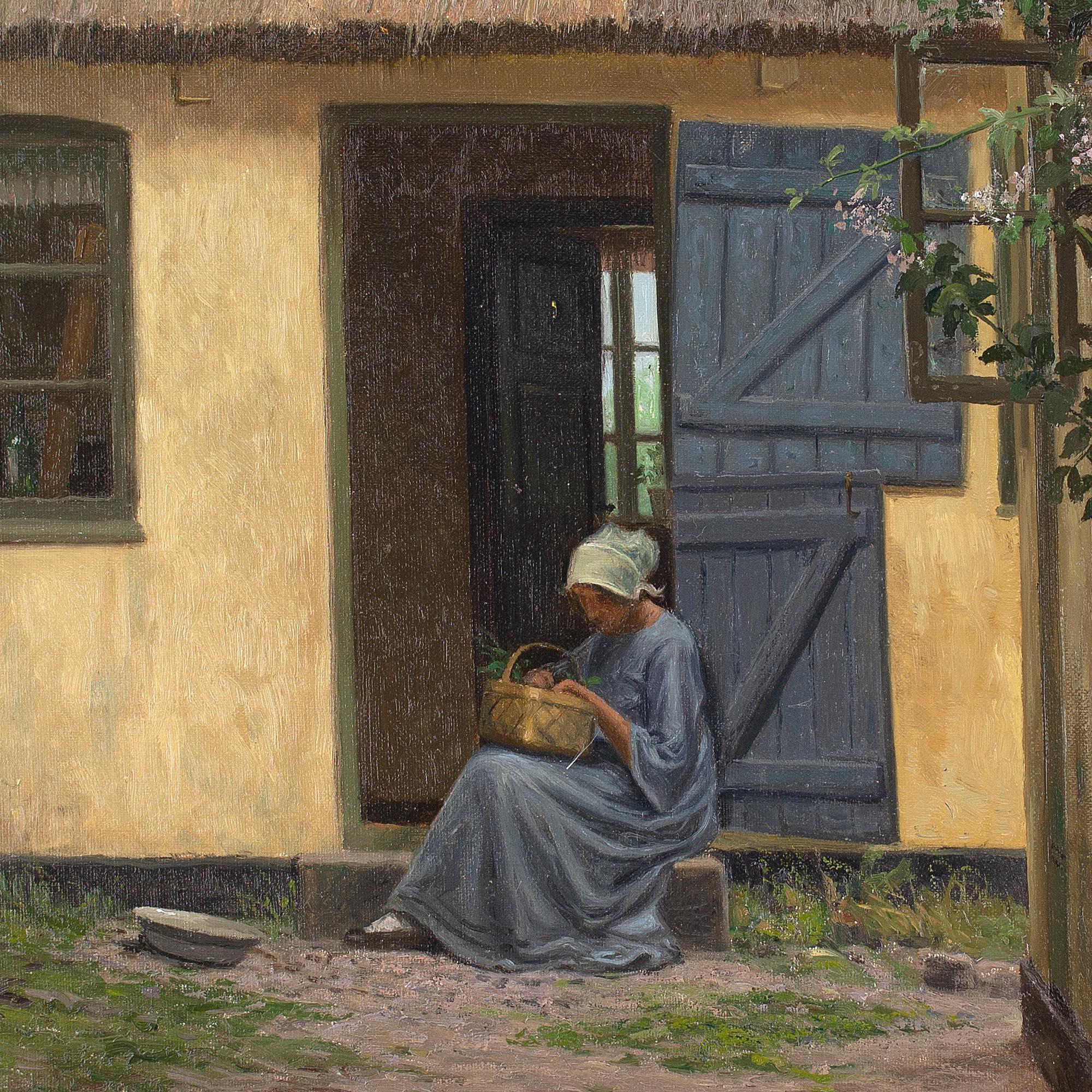 Alfred Broge, Courtyard With Thatched Cottage & Seated Woman, Oil Painting For Sale 6