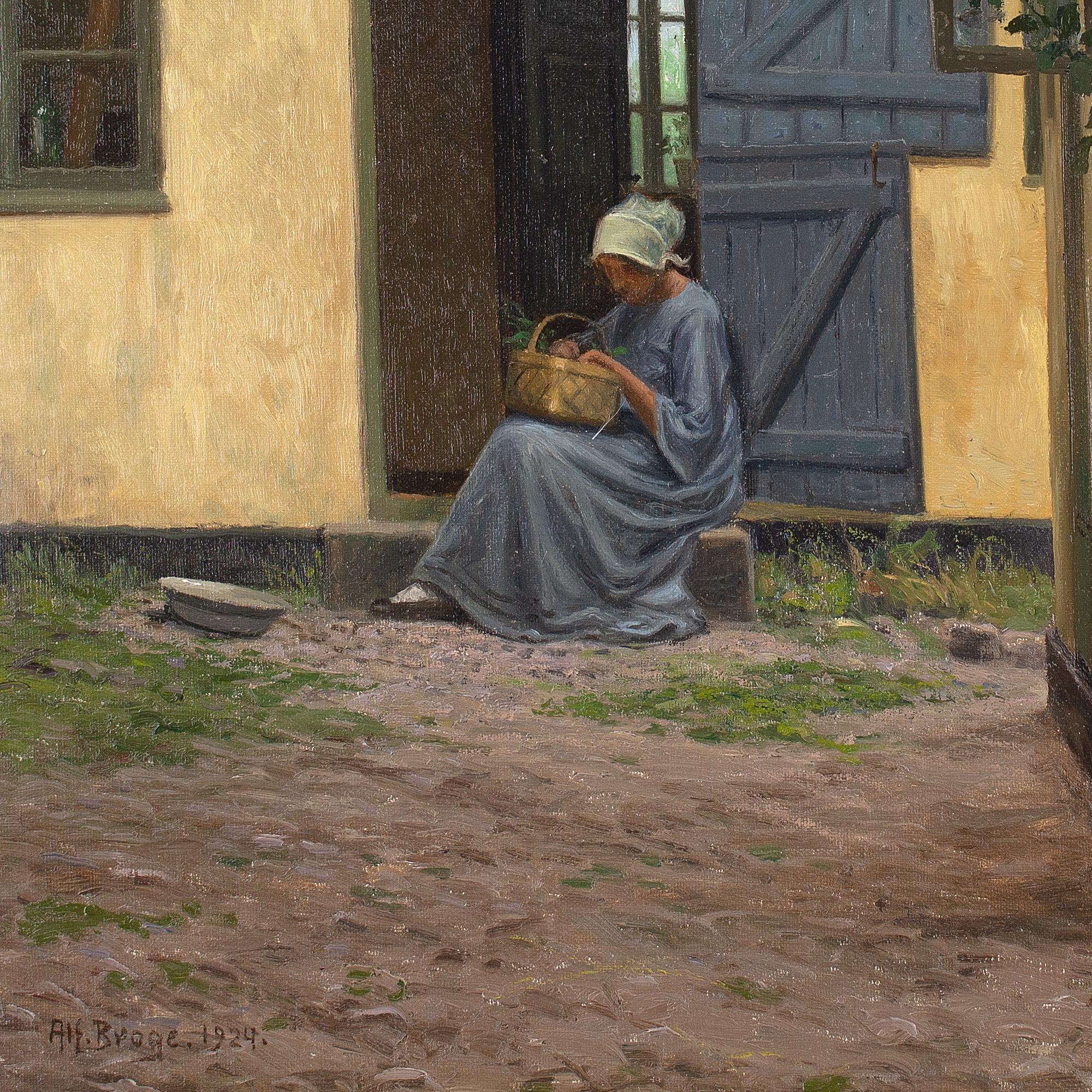 Alfred Broge, Courtyard With Thatched Cottage & Seated Woman, Oil Painting For Sale 7