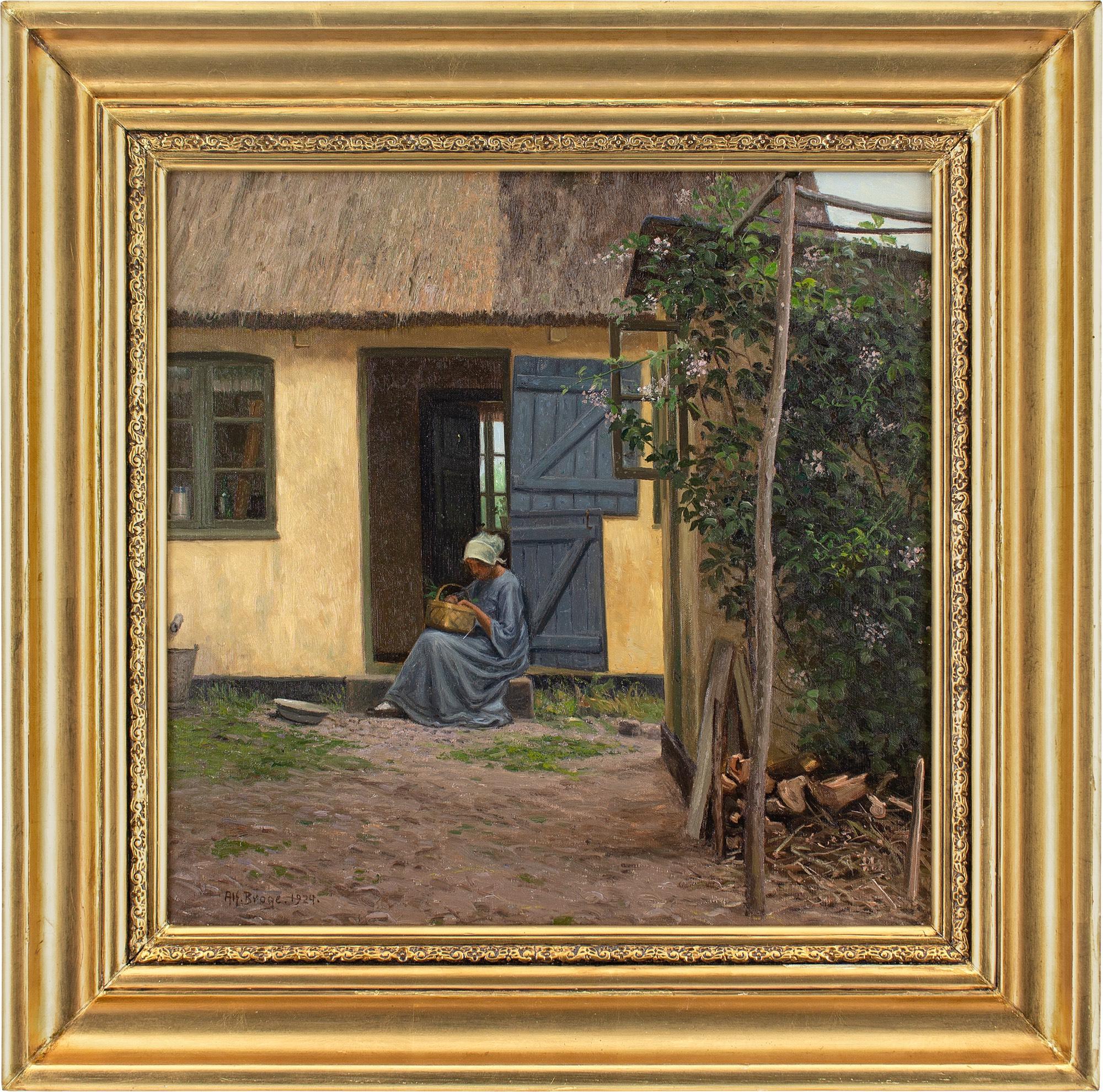 Alfred Broge, Courtyard With Thatched Cottage & Seated Woman, peinture à l'huile