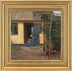 Alfred Broge, Cortile con casetta di paglia e donna seduta, pittura a olio