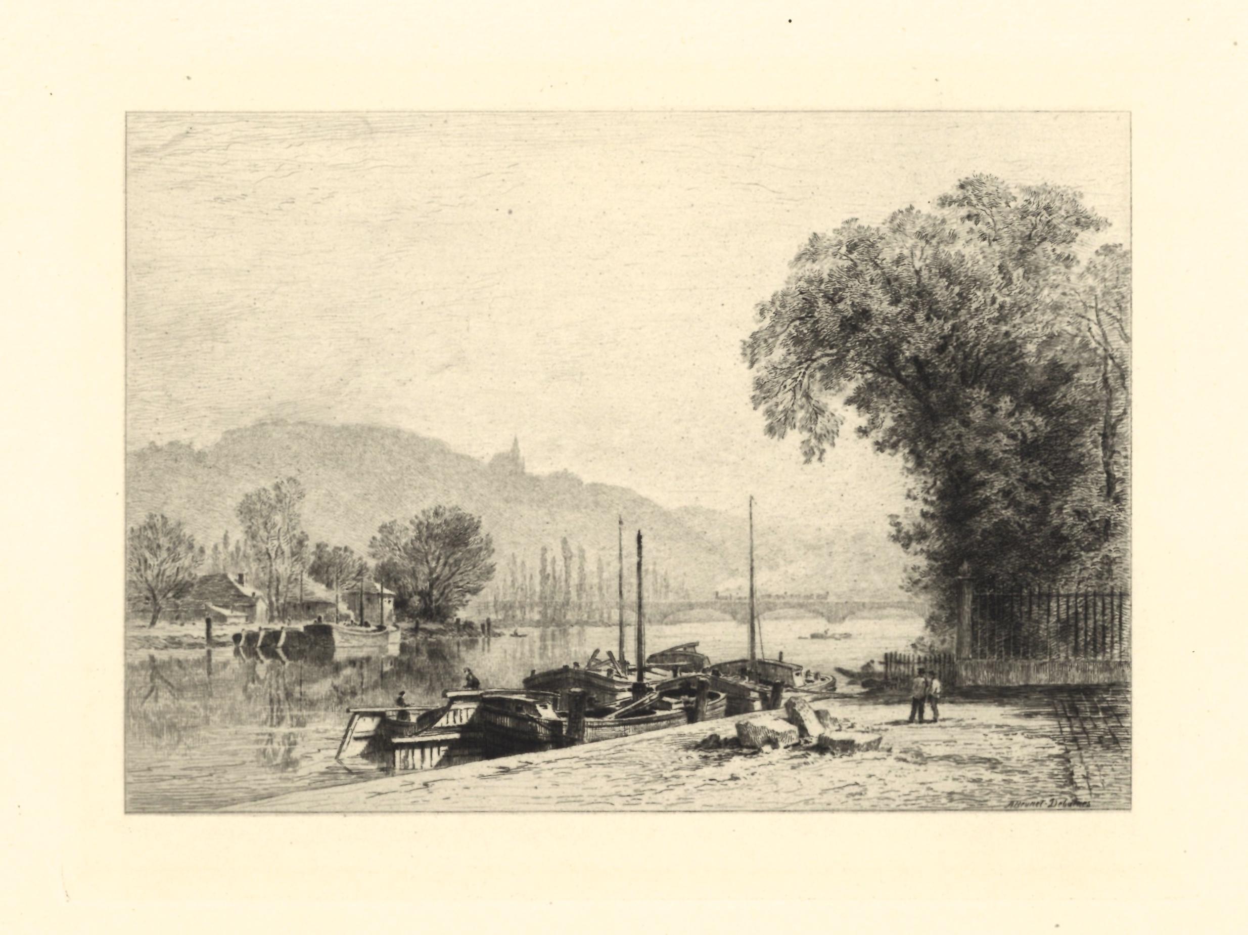 "On the Seine near Rouen" original etching - Print by Alfred Brunet-Debaines