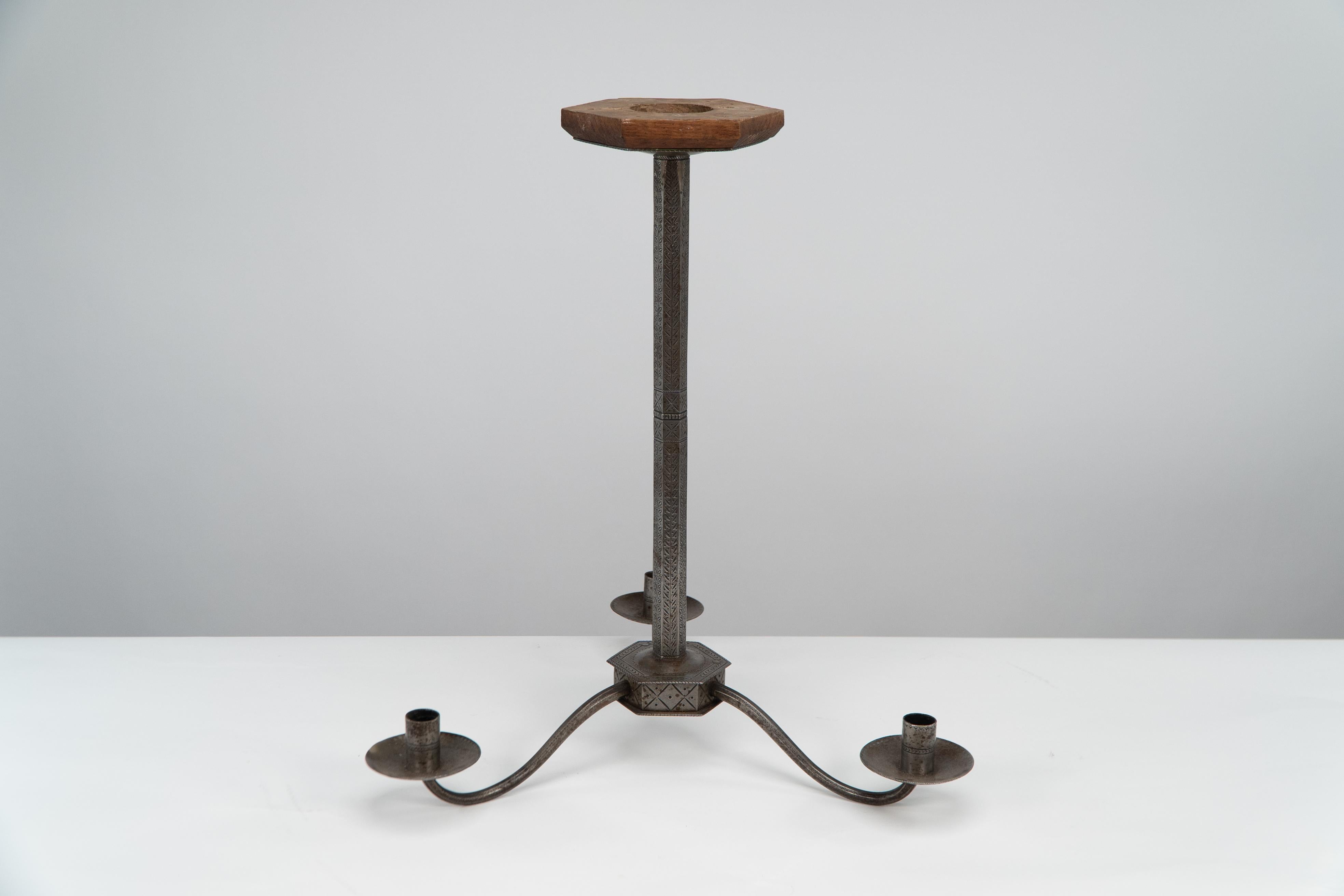Alfred Bucknell. A hand-formed and finely crafted Arts & Crafts steel ceiling candelabra from Painswick House Sapperton. 