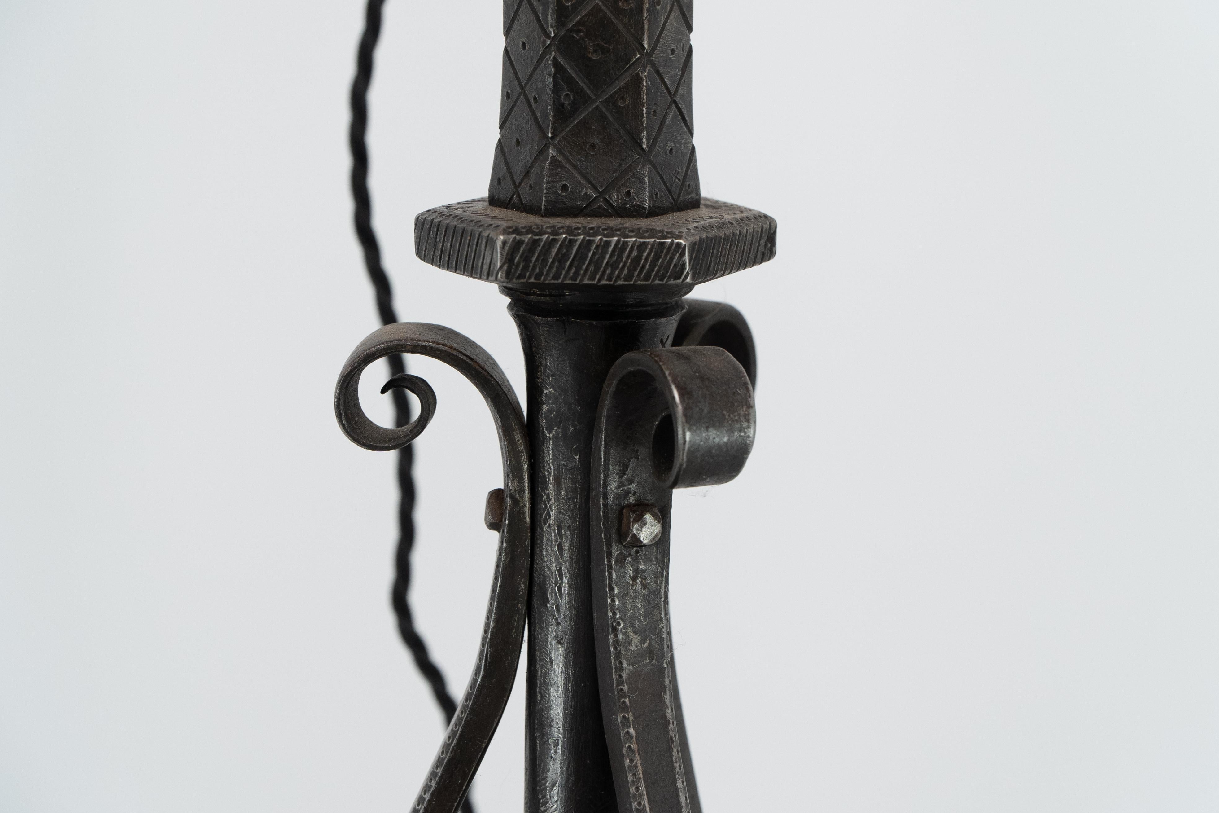 Steel Alfred Bucknell. A handmade steel standard lamp with finely chased details. For Sale