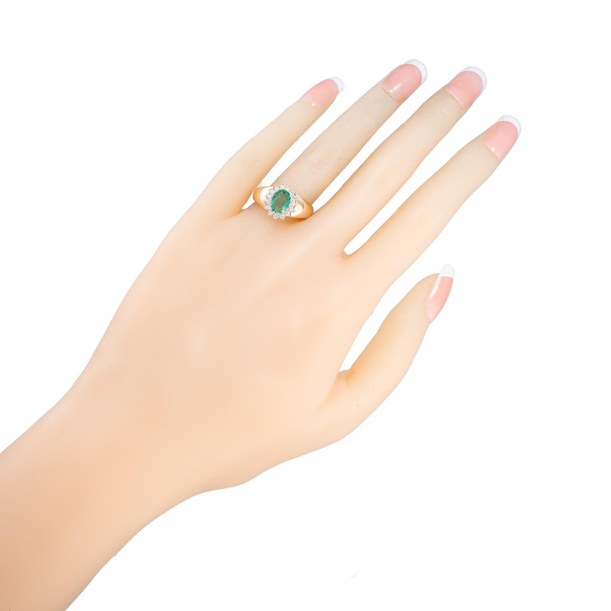 Alfred Butler .76 Carat Oval Emerald Diamond Halo Gold Engagement Ring In Good Condition For Sale In Stamford, CT