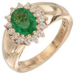Vintage Alfred Butler 1.24 Carat Oval Emerald Diamond Halo Gold Engagement Ring