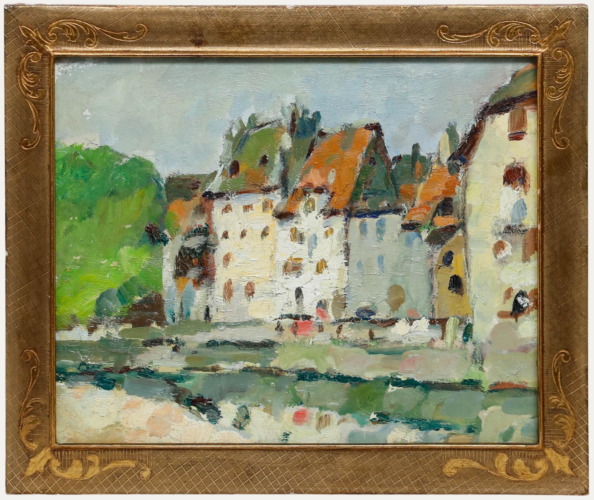 Dieses impressionistische Ölgemälde zeigt ein charmantes französisches Dorf am Flussufer mit hohen Stadthäusern in warmen Erdtönen wie Creme, Orange und Gelb, die sich im Wasser spiegeln. Der Künstler verwendet lockere, ausdrucksstarke Pinselstriche