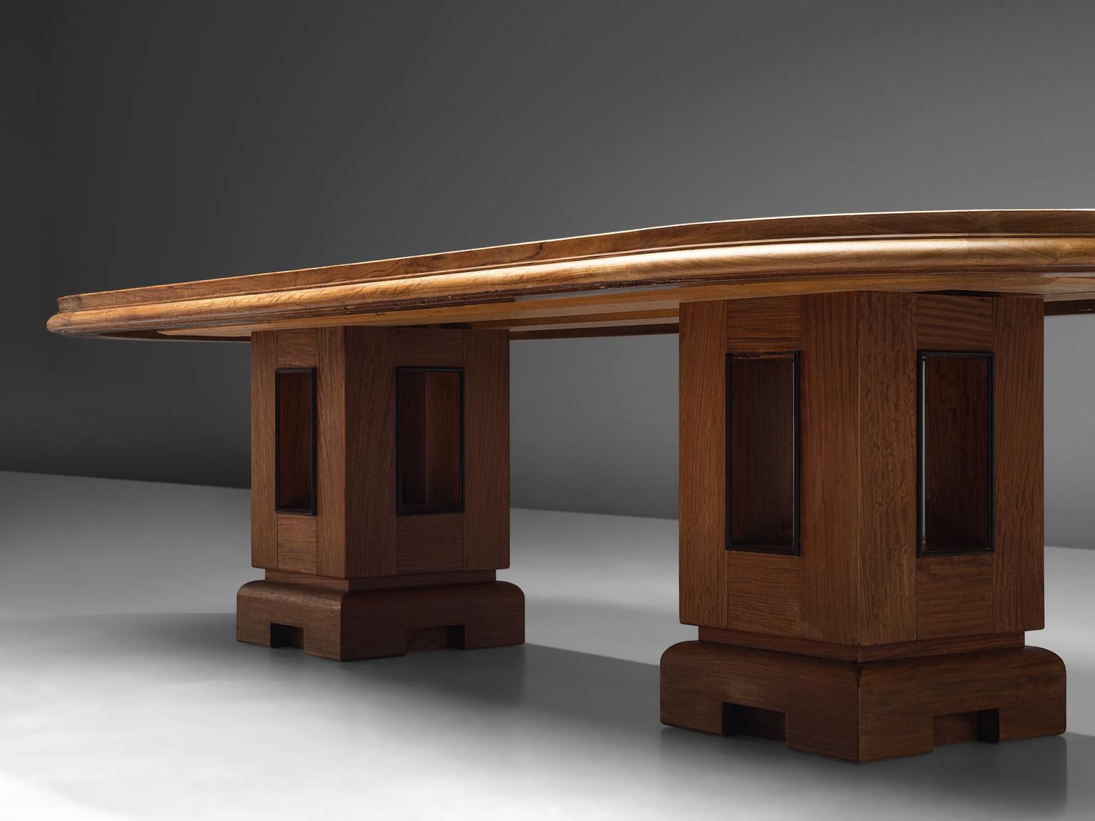 French Alfred Chambom Large Oak Dining Table with Inlayed Table Top