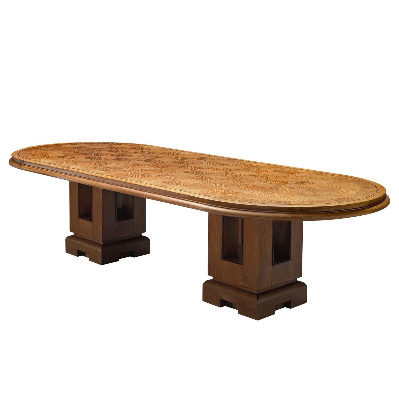 Alfred Chambon Large Oak Dining Table with Inlayed Table Top