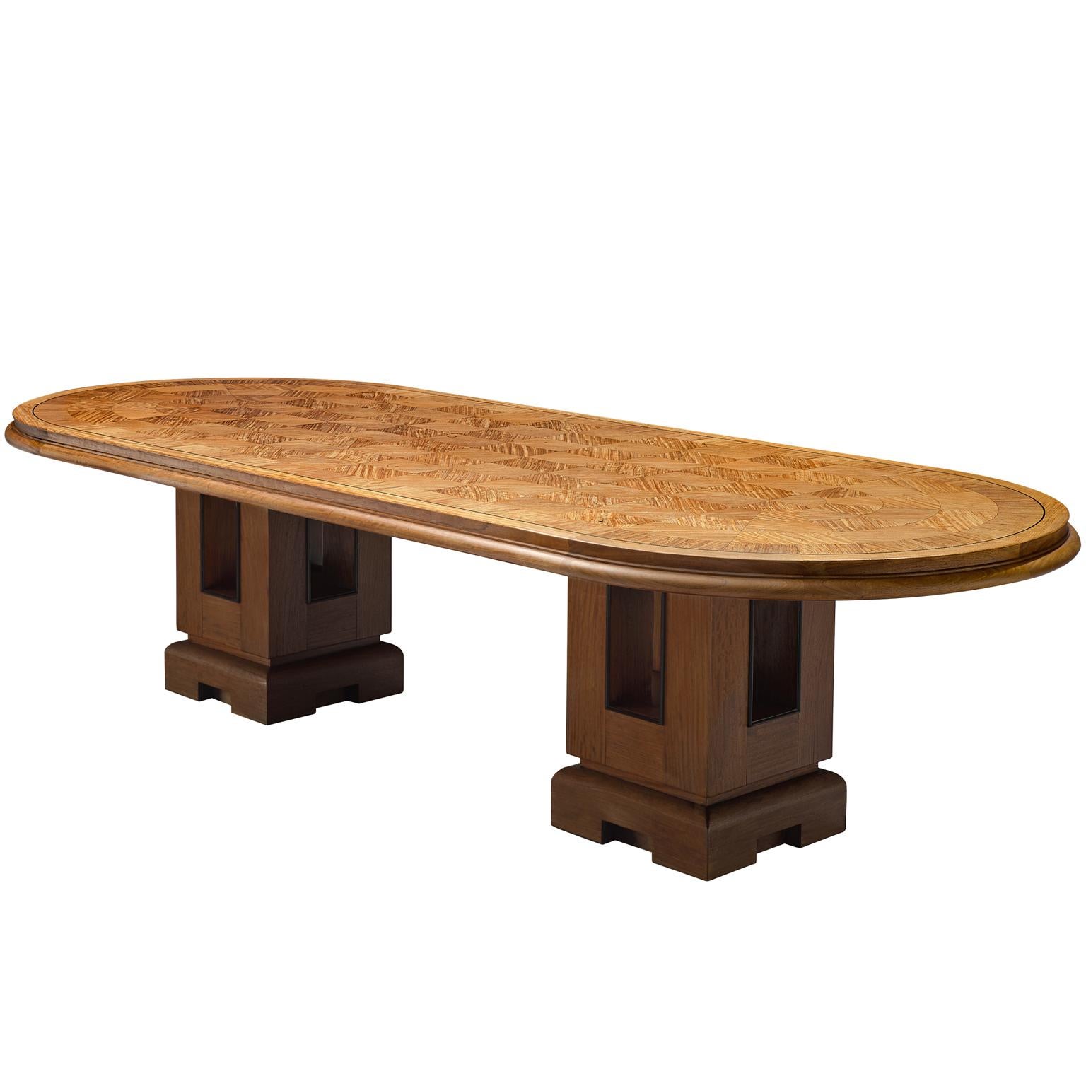 Alfred Chambom Large Oak Dining Table with Inlayed Table Top