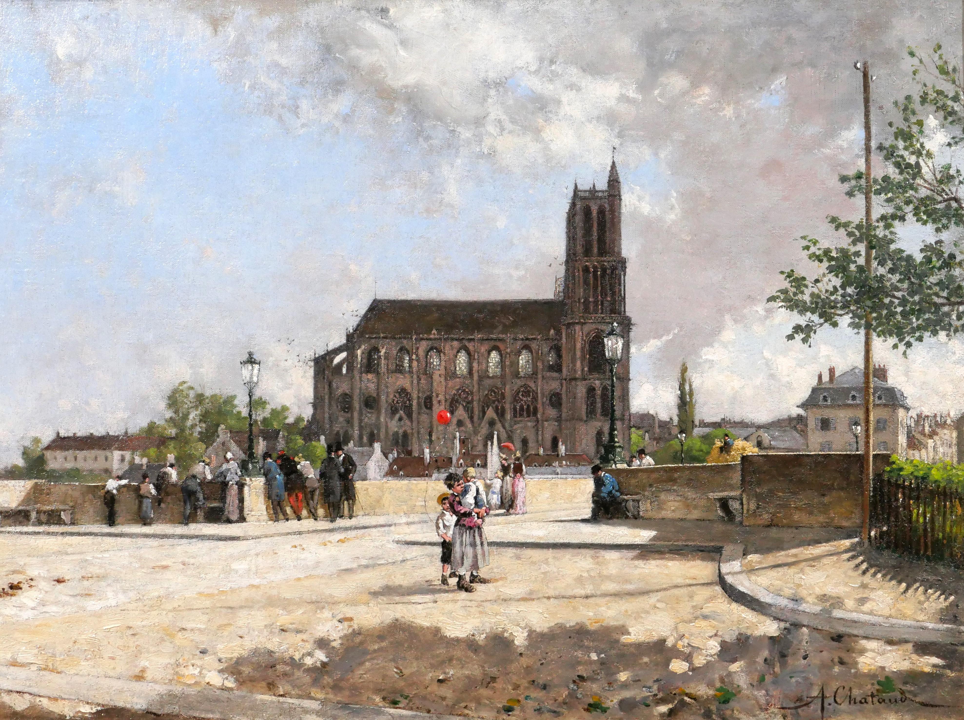 The red ball, landscape with the cathedral of Mantes-la-Jolie (France) - Painting by Alfred Chataud