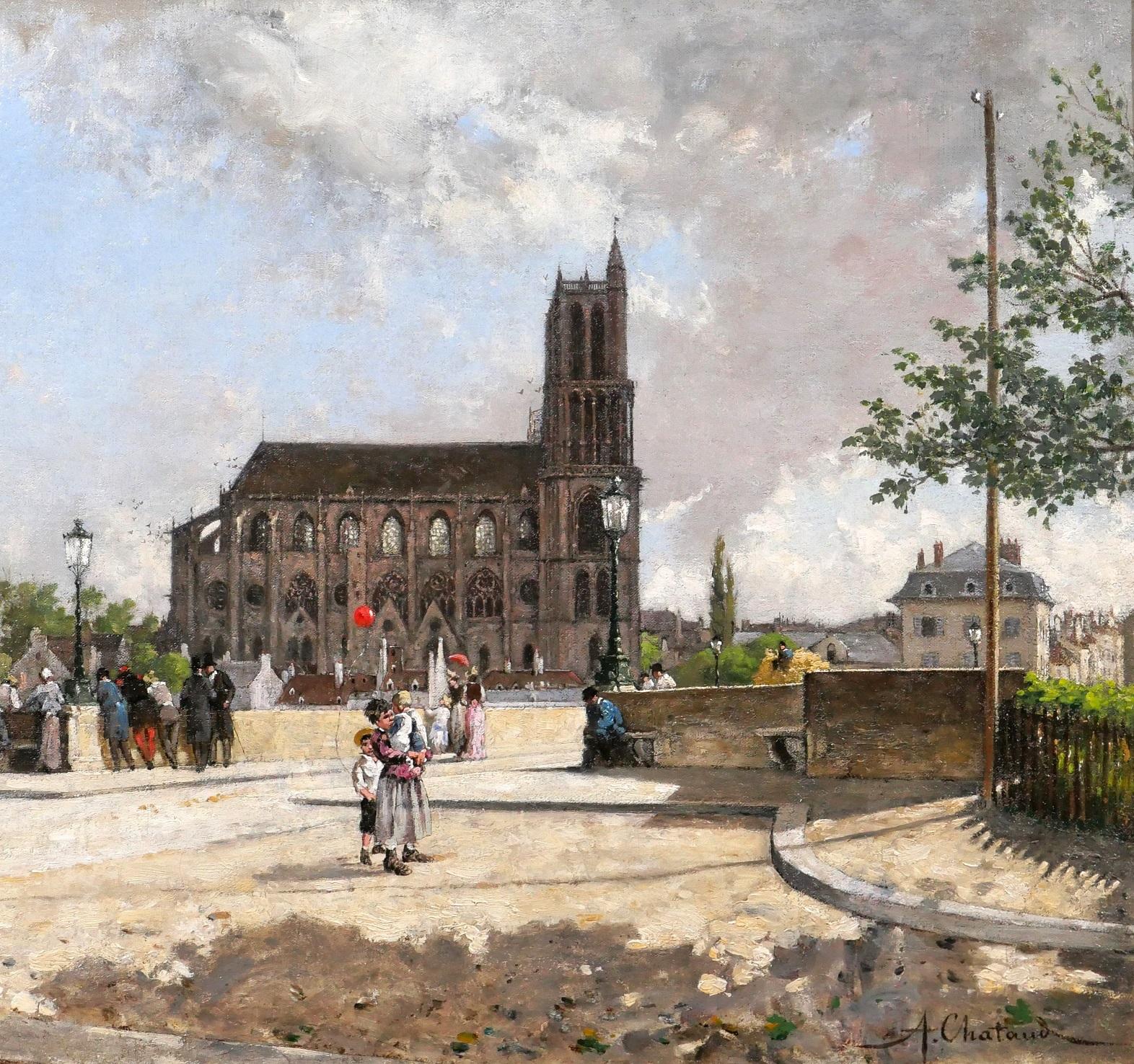 The red ball, landscape with the cathedral of Mantes-la-Jolie (France) For Sale 1