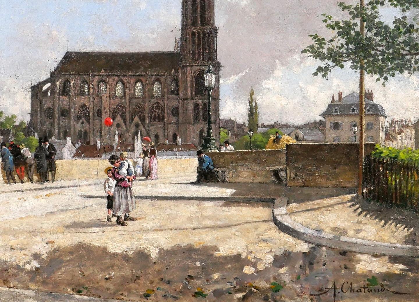 The red ball, landscape with the cathedral of Mantes-la-Jolie (France) For Sale 4