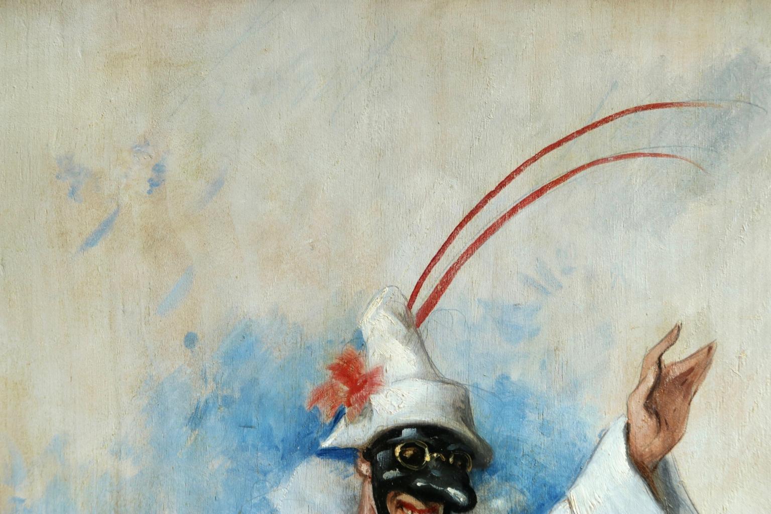 Oil on panel circa 1880 by French painter, Alfred Choubrac depicting a Pulcinella pierrot dressed in white with a black mask and red scarf. Signed and dedicated lower right. Unframed dimensions 32