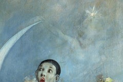 Pierrot on Crescent Moon - Large signed 1880 Belle Epoque oil by Alfred Choubrac