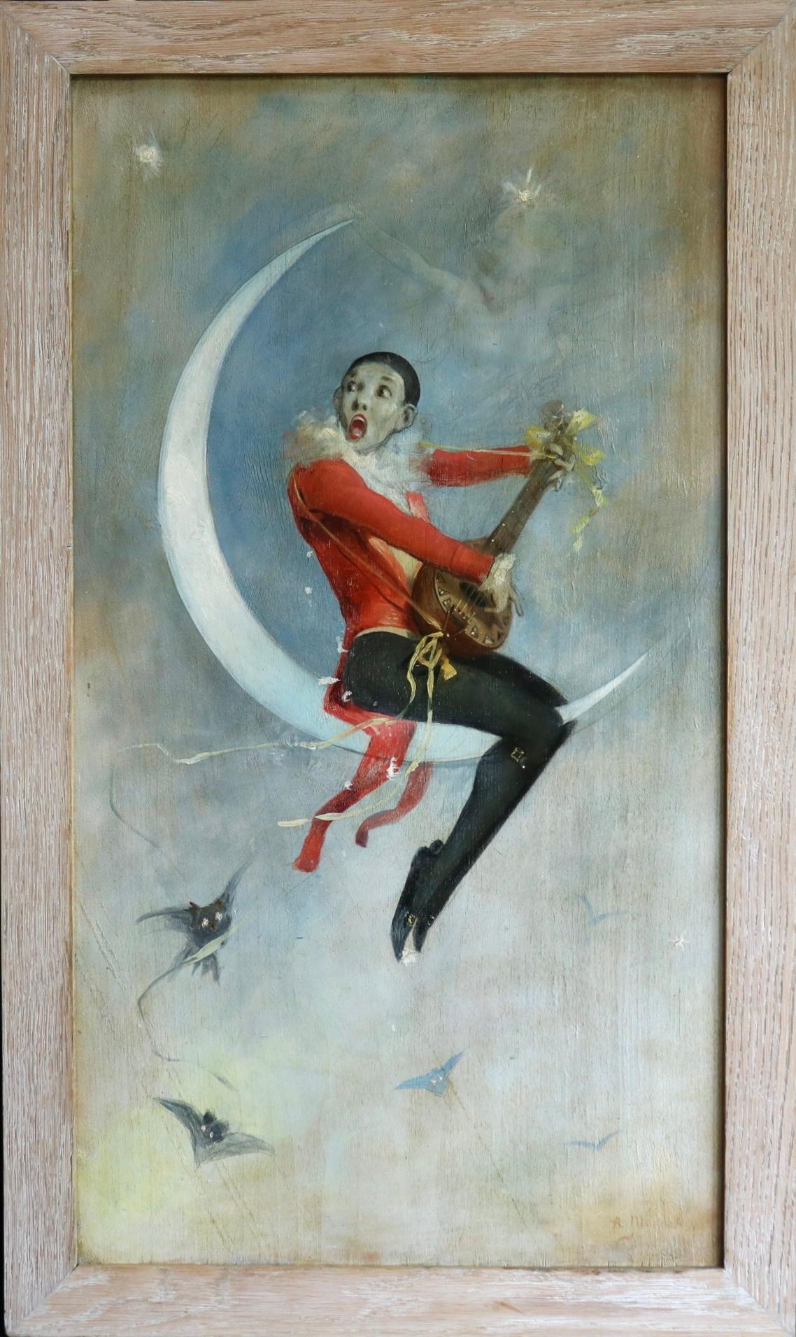 Pierrot on Crescent Moon - Large signed 1880 Belle Epoque oil by Alfred Choubrac 3