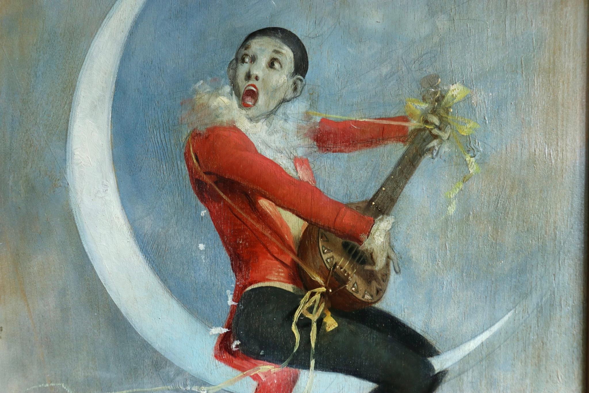 Pierrot on Crescent Moon - Large signed 1880 Belle Epoque oil by Alfred Choubrac 4