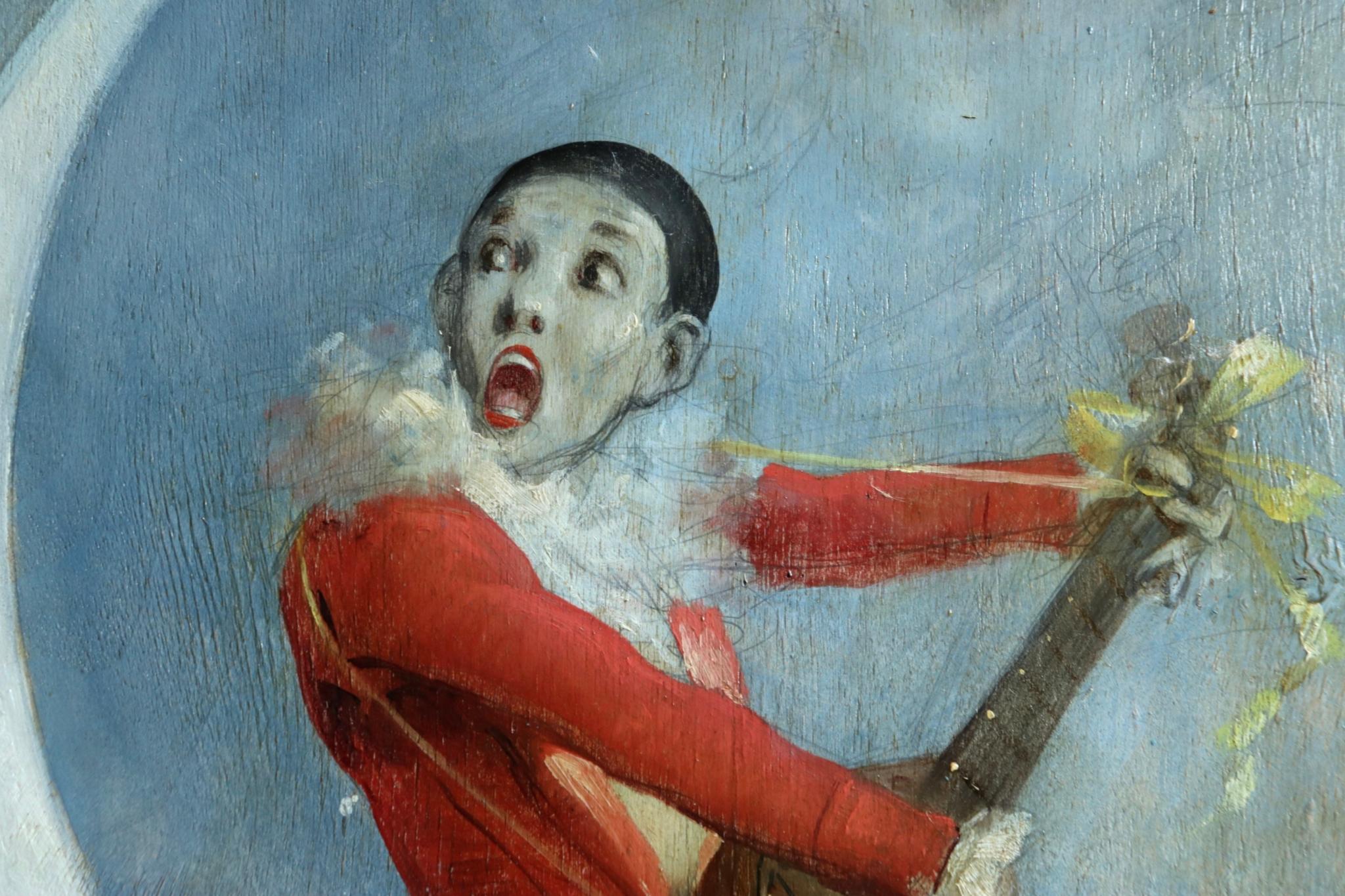 Pierrot on Crescent Moon - Large signed 1880 Belle Epoque oil by Alfred Choubrac 5