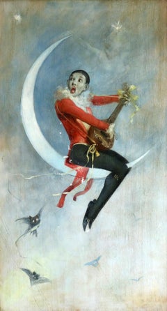 Antique Pierrot on Crescent Moon - Large signed 1880 Belle Epoque oil by Alfred Choubrac