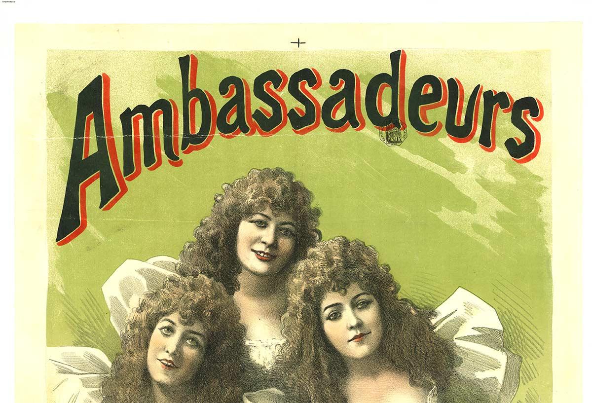 Cartel de teatro de época original de 1890 Ambassadeurs Les Cinq Demi-Vierges - Print Art Nouveau de Alfred Choubrac